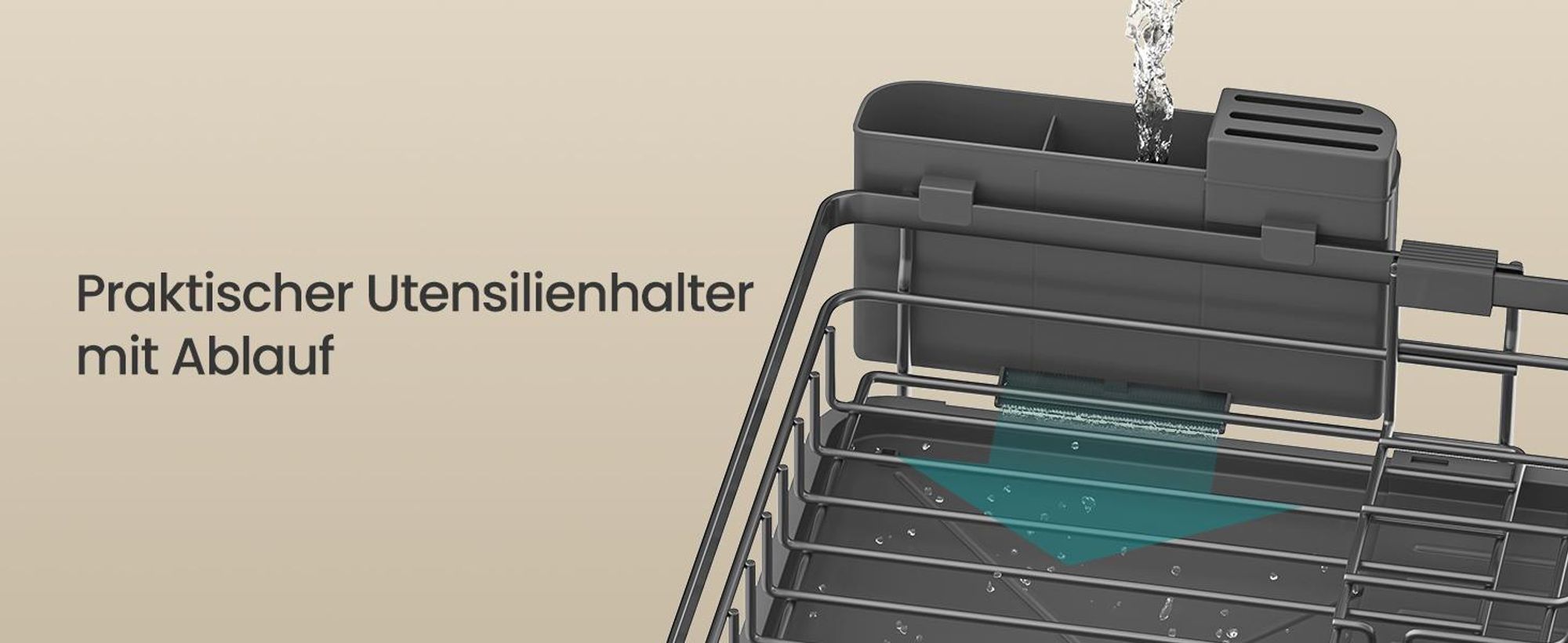 SONGMICS Geschirrständer ausziehbar, Stahl, Abtropfgestell, platzsparend, drehbarer Ablauf, grau