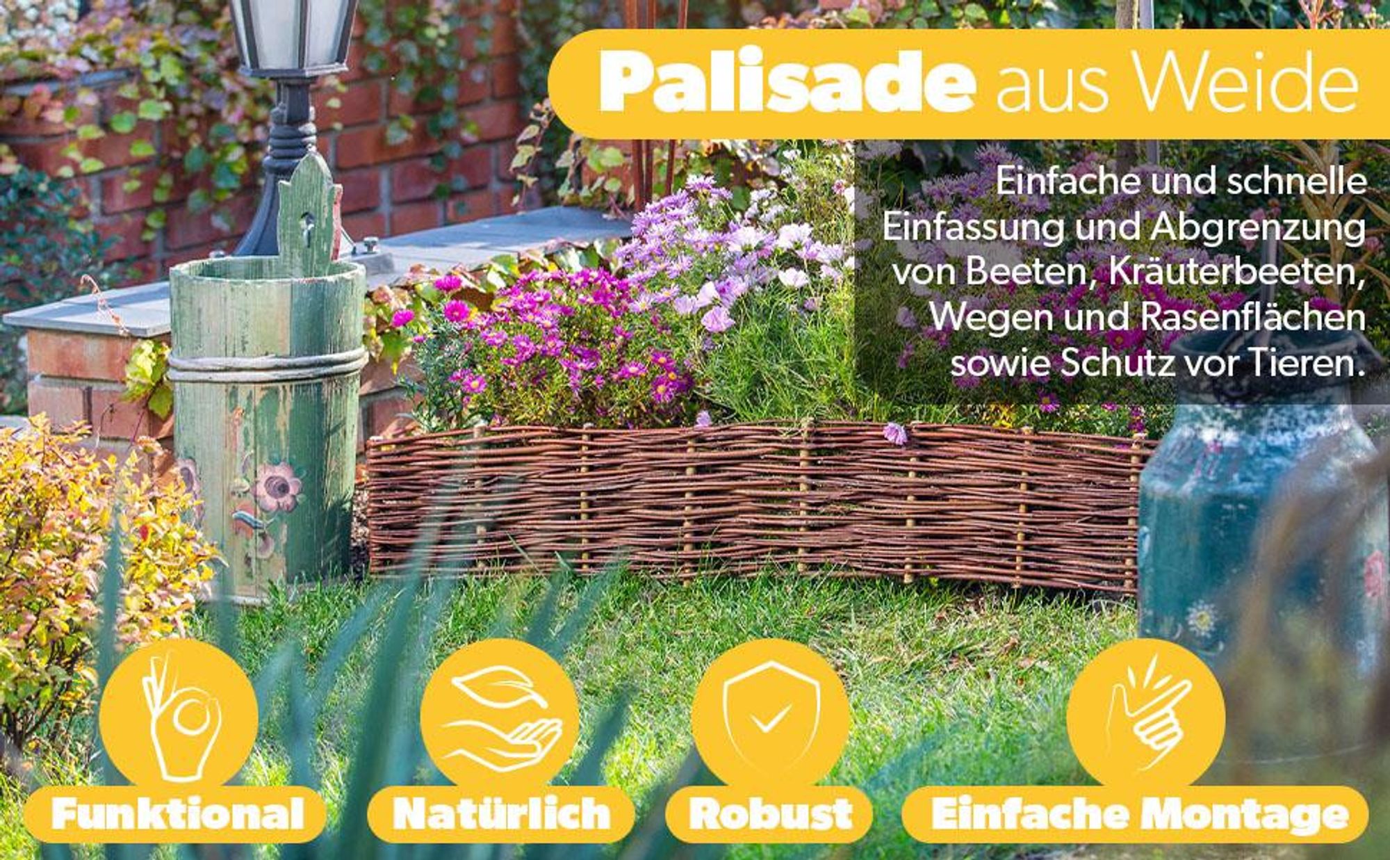 KADAX Palisade aus Weide "Holme", natürlicher Weidenzaun, 20 cm, 5 Stück