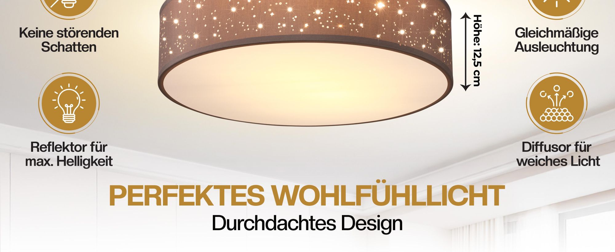 MONZANA® Deckenlampe Sternenhimmel Wohnzimmer Schlafzimmer E27 Taupe Rund 38cm Stoffschirm 2-Flammig 40W Küche Lampe Deckenleuchte Stoffdeckenlampe