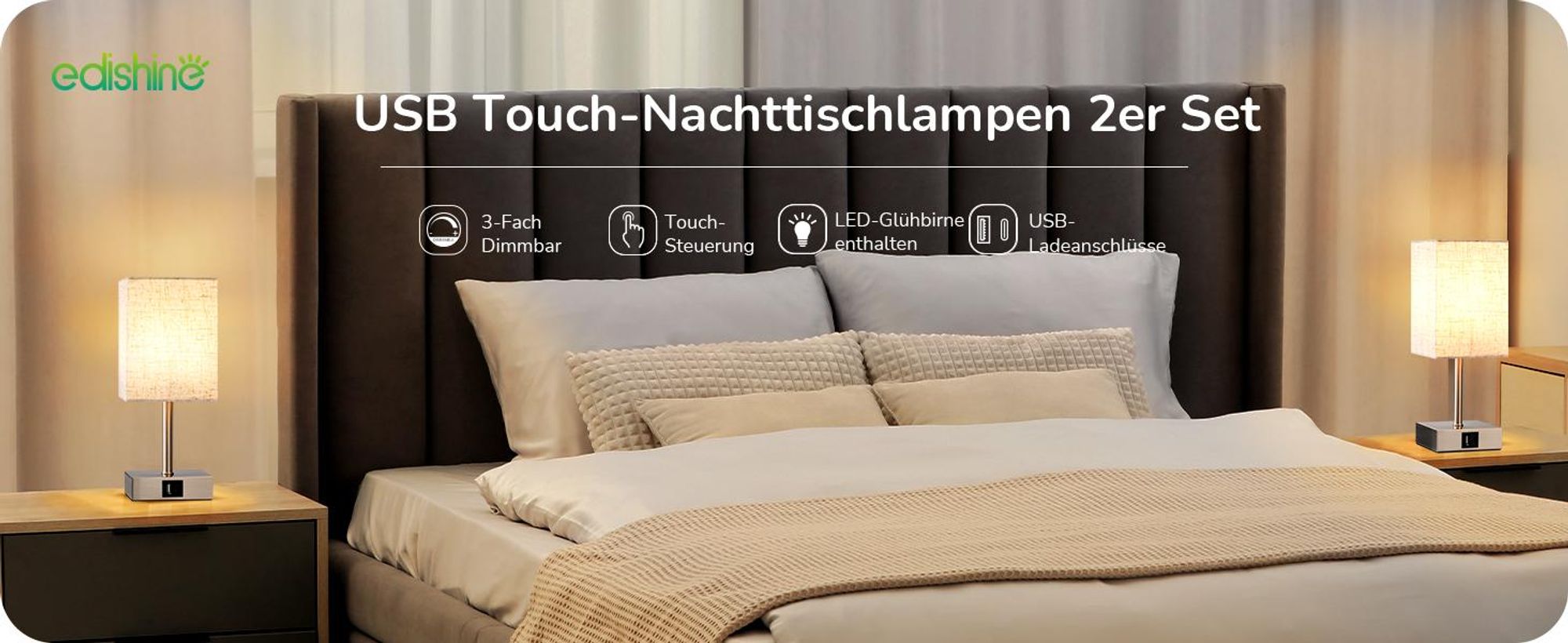 EDISHINE 2er Set Nachttischlampe Touch Dimmbar, Tischlampe mit Ladefunktion,2 USB Anschlüsse