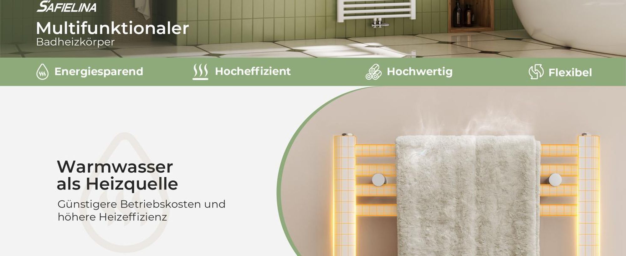 S'AFIELINA 180 x 60 cm Badheizkörper Handtuchtrockner Handtuchheizkörper Handtuchhalter Mittelanschluss Handtuchwärmer Gerade Weiß mit Ventil,860 W
