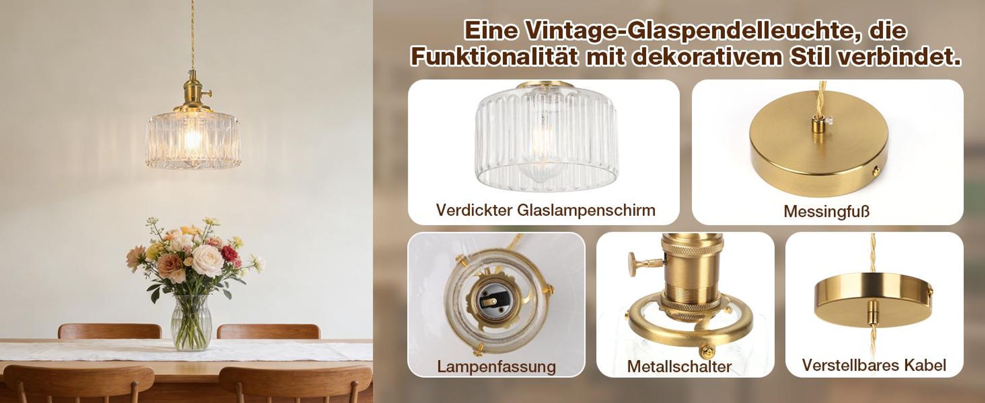 Glas Pendelleuchte Vintage Hängelampe mit Glasschirm Höhenverstellbare Deckenleuchte für Kücheninsel, Esszimmer, Schlafzimmer