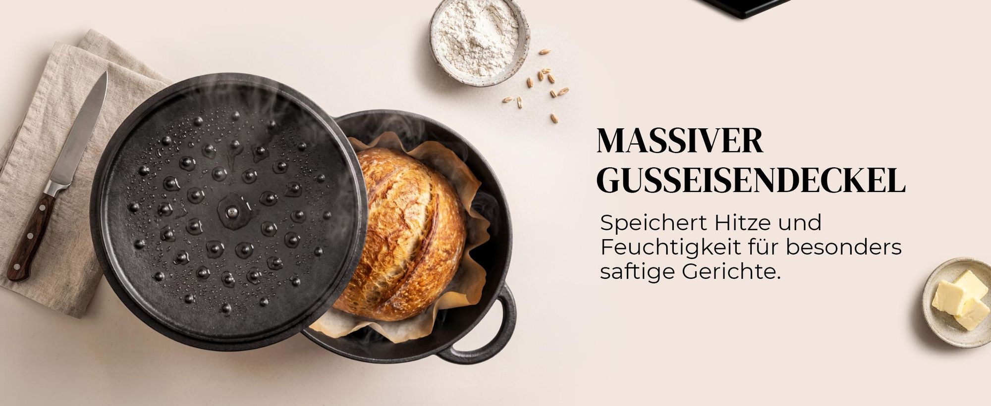 BIOL Gusseisen Topf mit Deckel Ø 25 cm 5L für Küche Backen Schmoren Braten Antihaftwirkung Für alle Herdarten geeignet