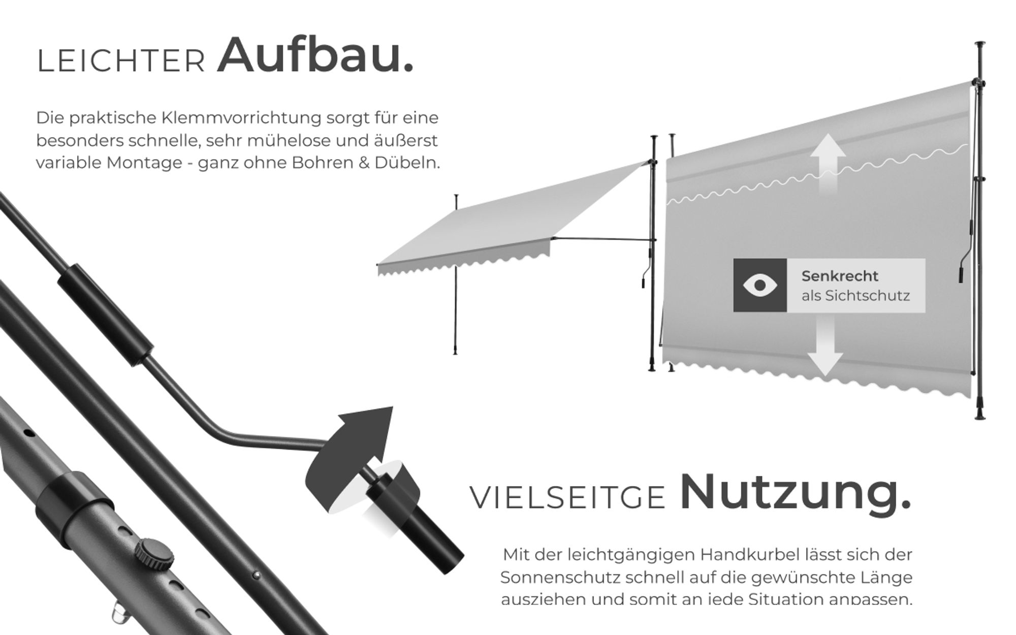 tectake® Klemmmarkise mit Handkurbel einfache Montage
