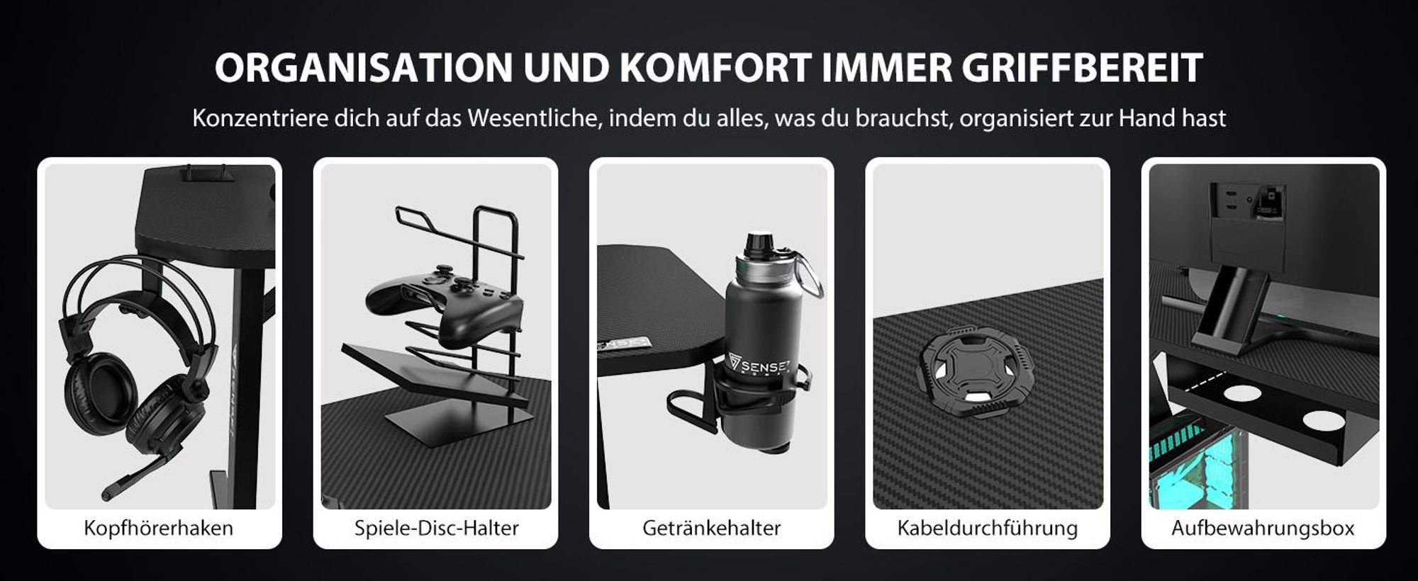 SENSE7 Nomad Basic Gaming Tisch Schreibtisch 120x60 cm Computertisch PC Tisch Gamer Desk Zocker Tisch Carbon-Optik Kopfhörerhalter Kabelmanagement