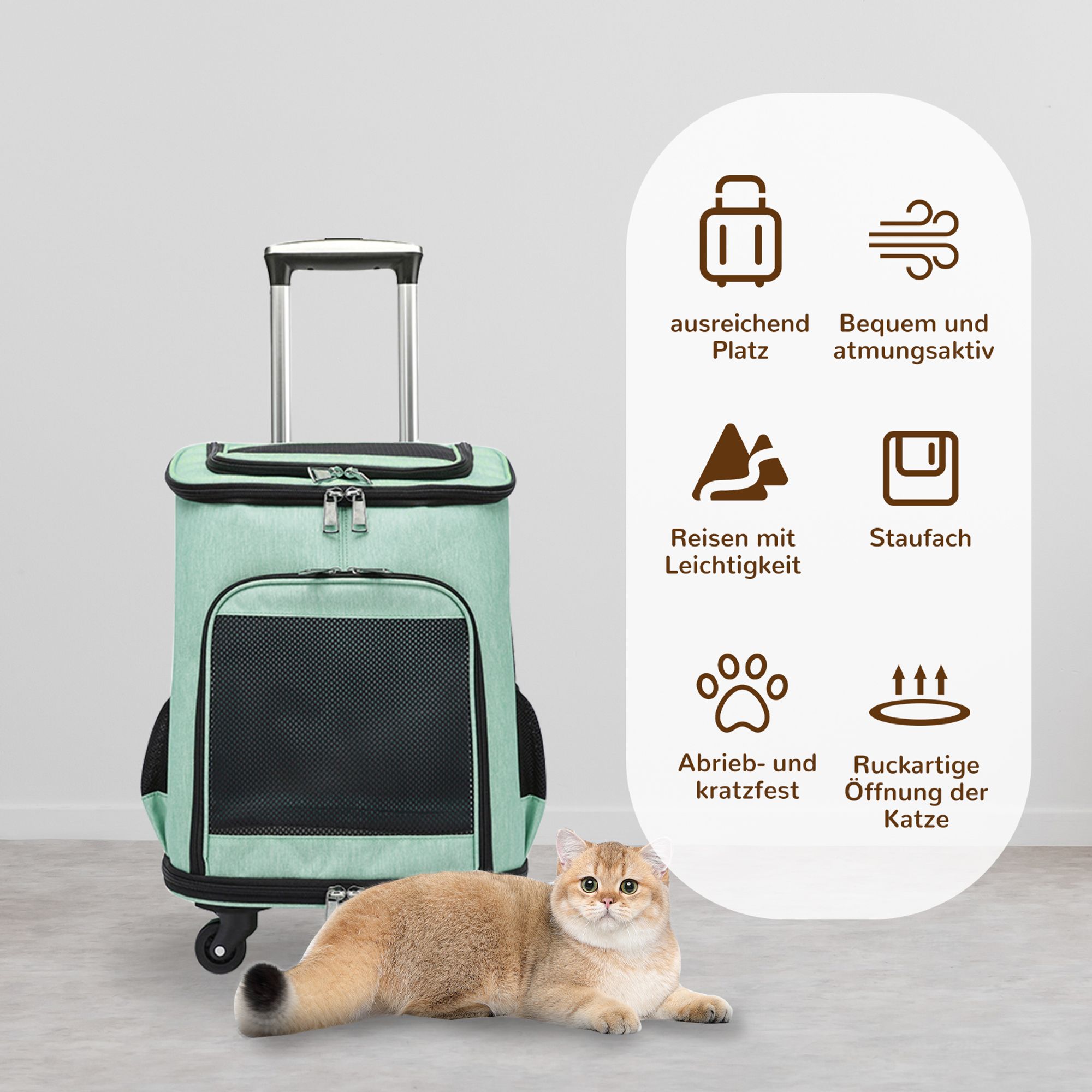TWSOUL Tiertransportbox 3-in-1-Trolley für Haustiere,Rucksack-Trolleytasche bis 10 kg, Design mit großer Kapazität, Stoßdämpfende Rolle,Grün