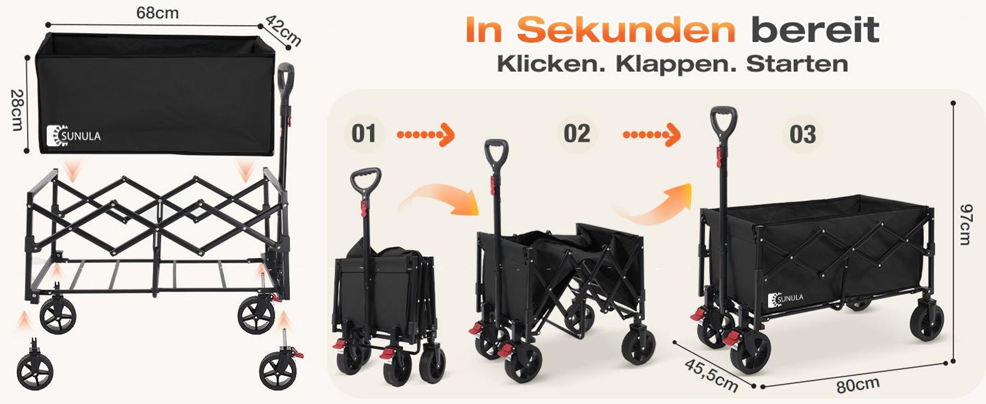 SUNULA Bollerwagen Faltbar Klein 80L 100KG, Klappbarer Handwagen Einkaufen, Schwarz