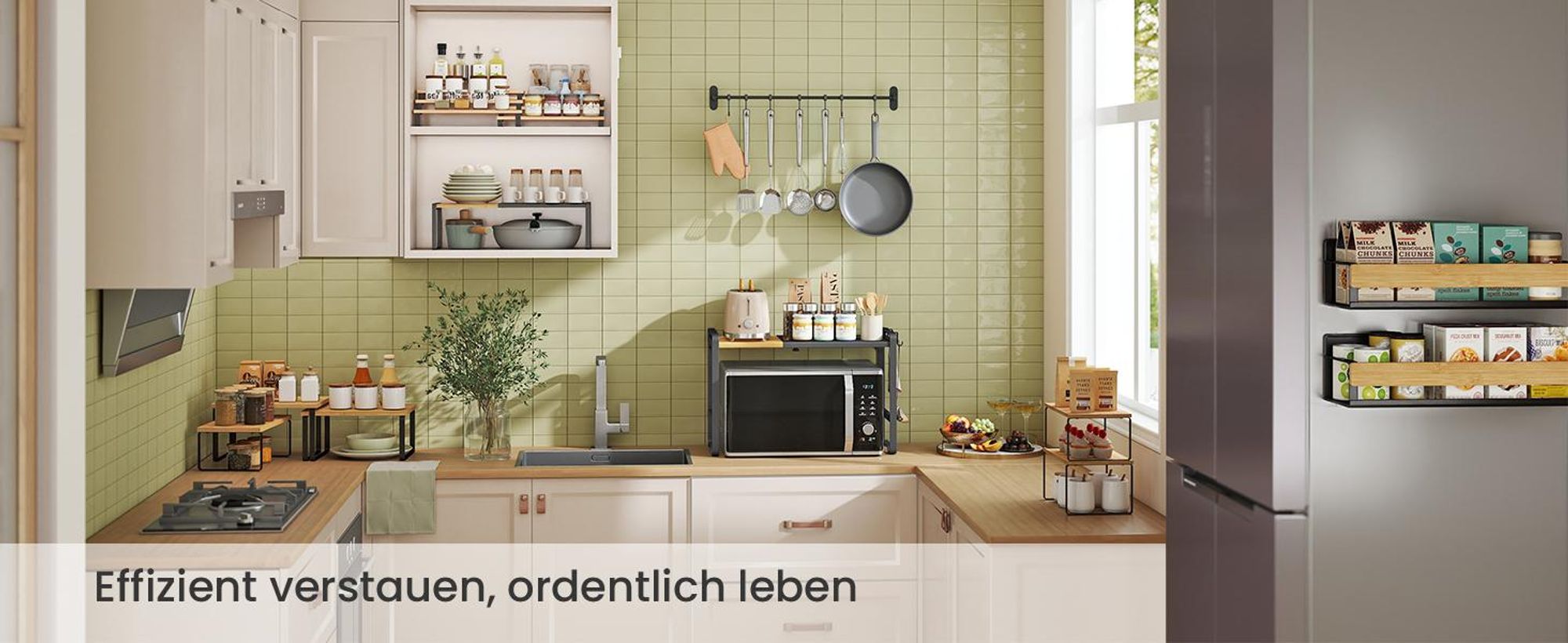 Erweiterbares Mikrowellen-Regal, Mikrowellenständer, 41,5-64 cm verstellbare Breite, Stahl und Bambus, 4 Haken, tintenschwarz-naturbeige
