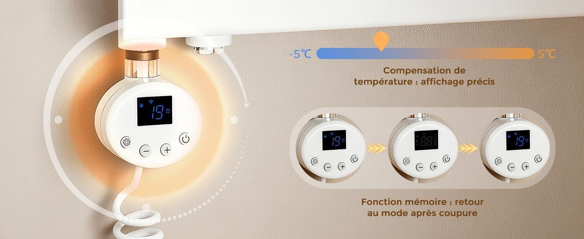 S'AFIELINA thermoplongeur avec thermostat 900W, minuterie programmable & affichage LCD, WiFi, pour radiateur de salle de bain, acier inoxydable, contrôle intelligent, blanc
