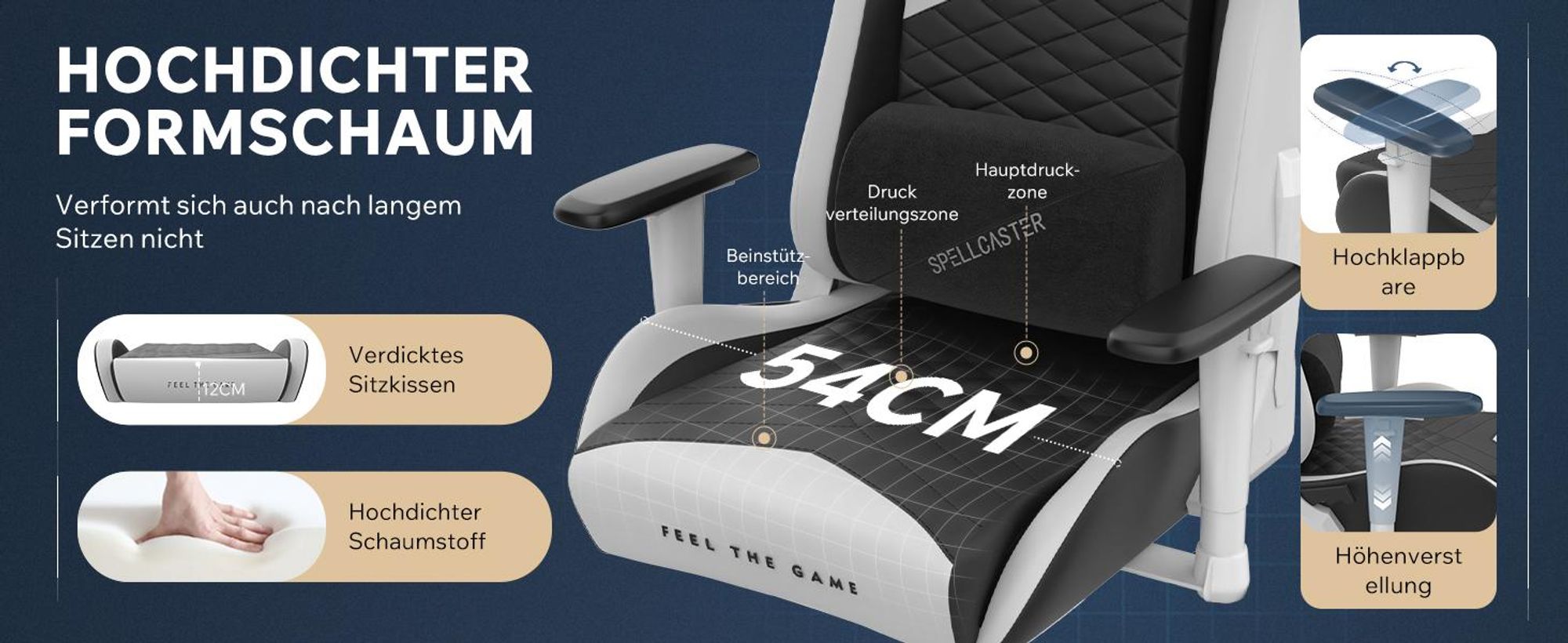 SENSE7 Spellcaster SENSHI Gaming Stuhl Weiß-Schwarz - Ergonomischer Bürostuhl Schreibtischstuhl Zockerstuhl 150 kg Chefsessel Kaltschaum