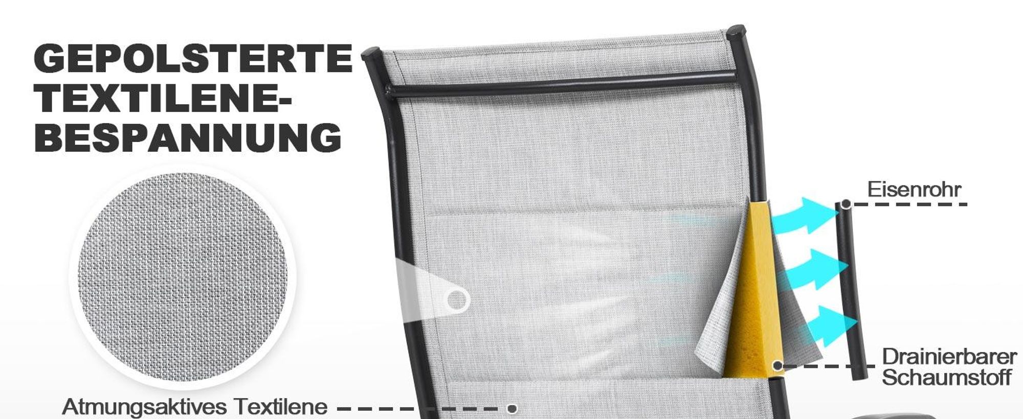 Graue Outdoor Textilene-Metall-Esszimmerstühle (2er-Pack)