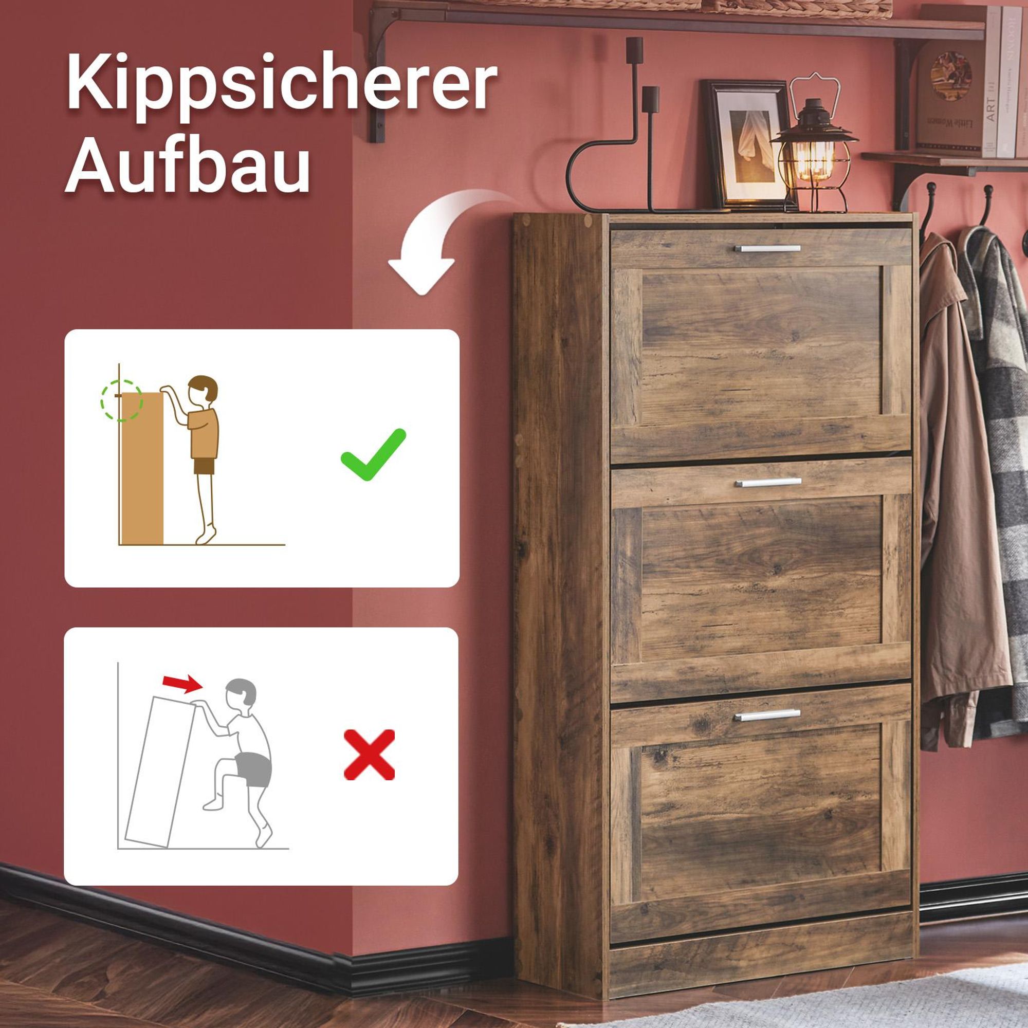 SoBuy schmaler Schuhkipper 23 cm tief mit 3 Klappen, Schuhschrank für Flur mit höhenverstellbaren Fächern, Vintage Design für kleine Räume, FSR137-L-F