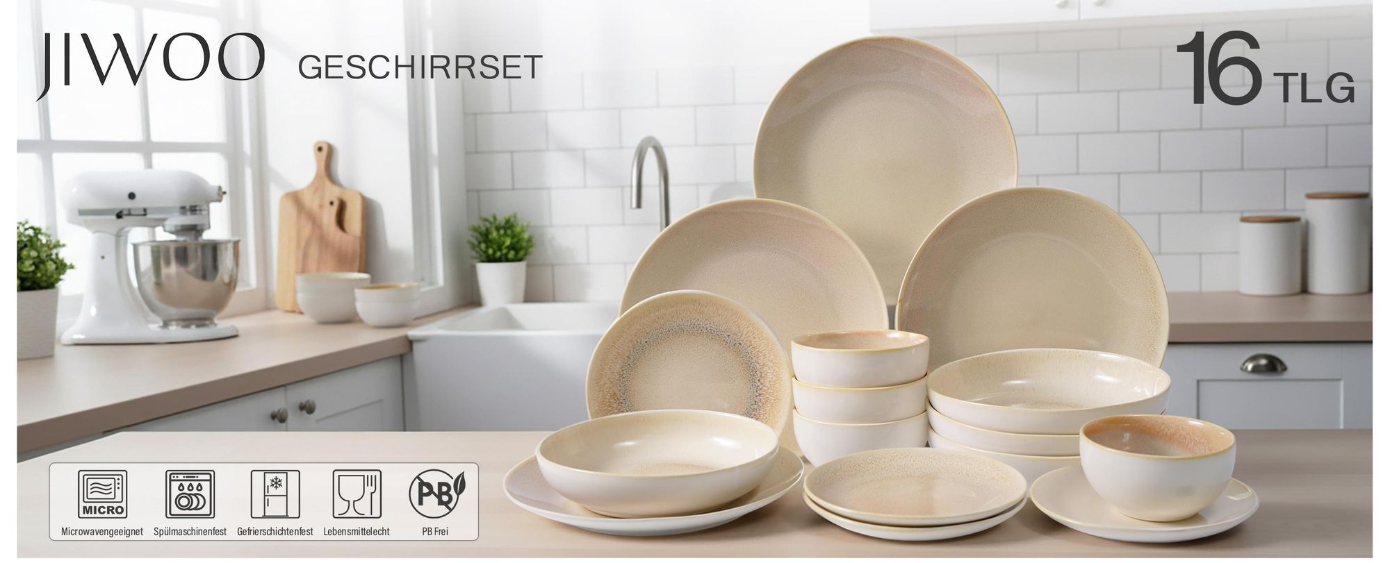 Tafelservice, 16tlg Kombiservice, Geschirrset mit Suppenteller Dessertteller Müslischale für 4 Personen Reactive-Glaze, Steingut, Mikrowellenherd