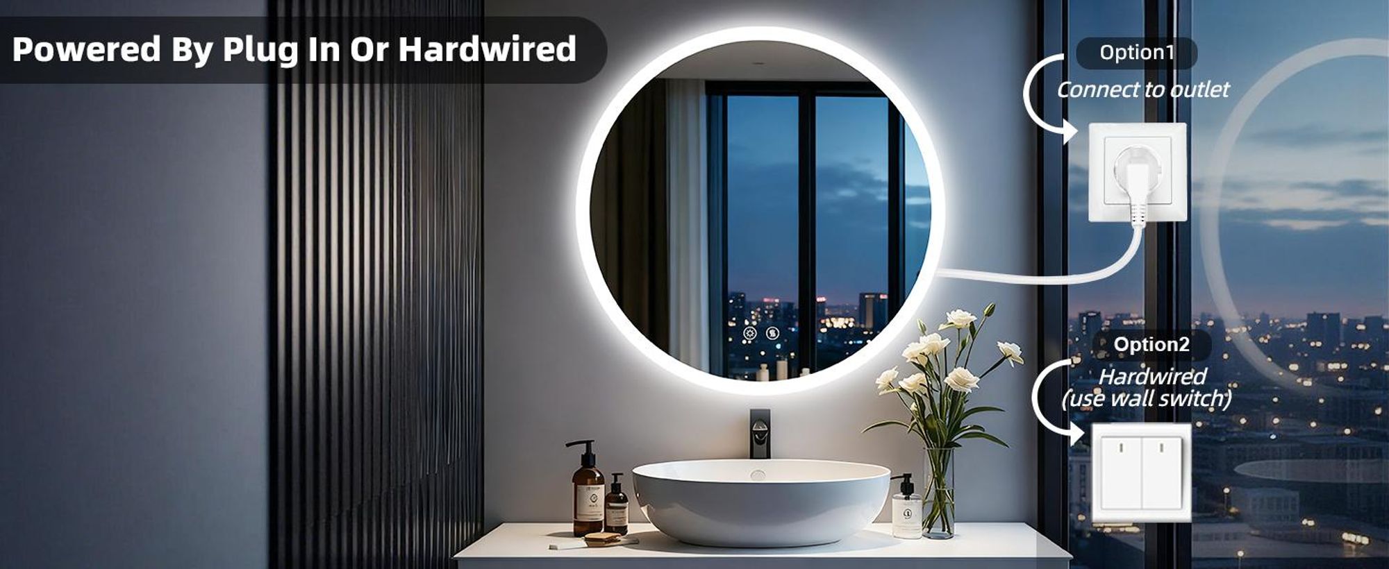 WISFOR LED Badspiegel 80 cm rund, Badezimmerspiegel mit Beleuchtung, Wandspiegel mit Speicherfunktion, Beschlagfrei, IP66, 3 Lichtfarben