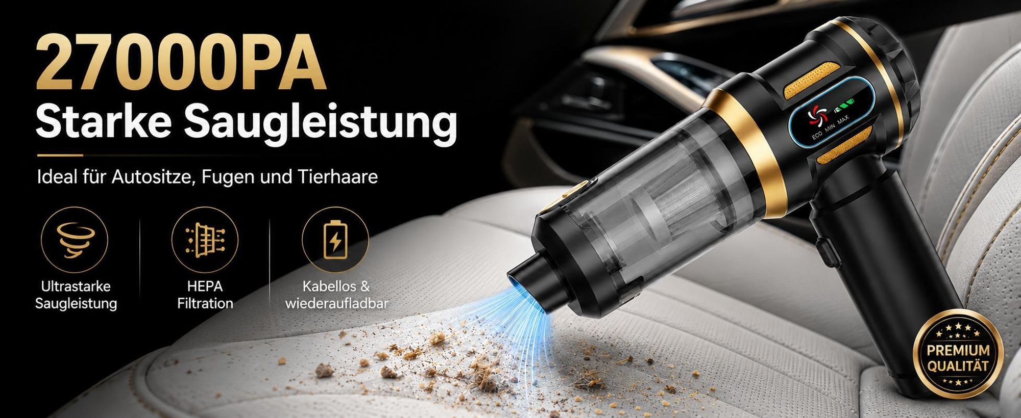 Handstaubsauger, 27000Pa/120W Akku staubsauger,mit Bürstenloser Motor, Beutelloser Mini Auto Kabellos Staubsauger für Auto, Büro Genutzt, Haus, Küche
