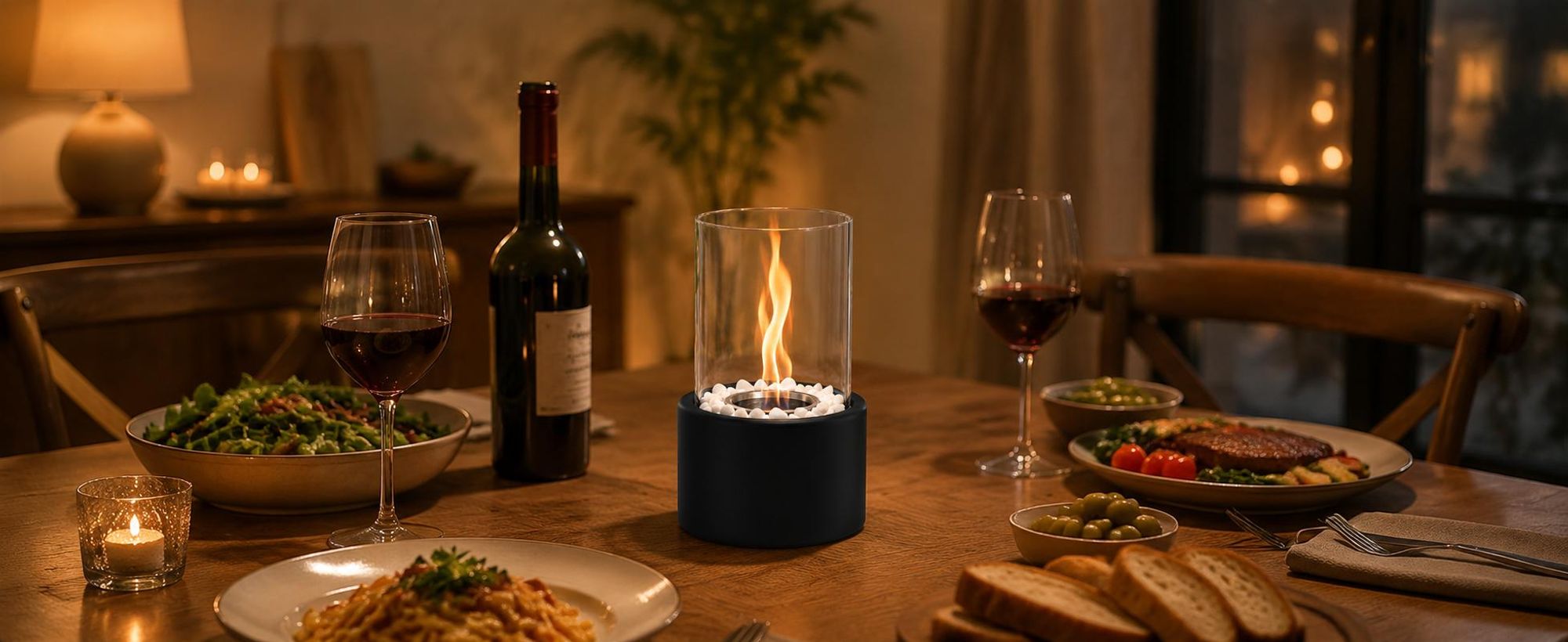 ZMH -ethanol tafelhaard, 12,3 x 21 cm, tafelvuur, roestvrij staal, glazen brander, zwarte decoratieve stenen, draagbaar, voor binnen- en buitengebruik, geschikt voor kamperen, feesten en evenementen