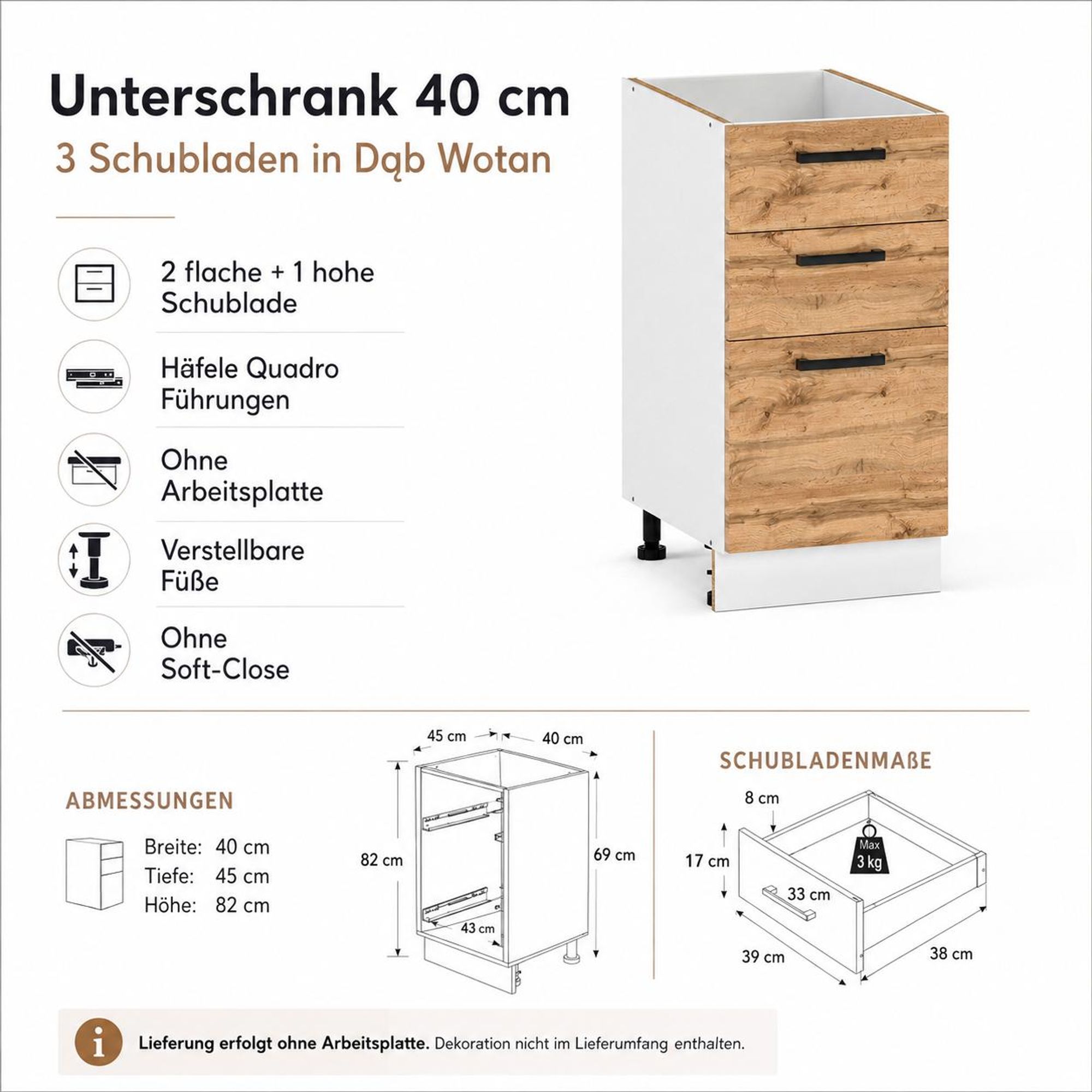 Küchenunterschrank 40 cm Eiche Wotan: 3 Schubladen, Häfele Quadro & schwarze Griffe.