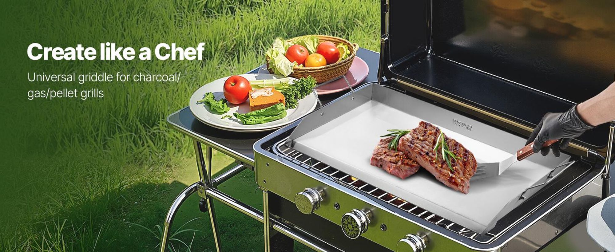 VEVOR Grillplatte Grillpfanne Edelstahl universelle rechteckige Platte (809 x 370 mm) mit flacher Oberseite, Gasgrill-Grillplatte für BBQ-Grill Teppanyaki, tragbares Familienkochgeschirr mit Griff