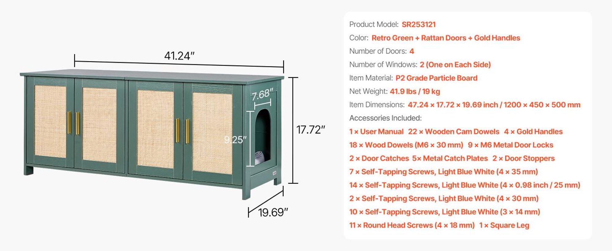 VEVOR Katzenschrank, 1200x450x500 mm, Katzentoilette mit 4 Rattantüren & 2 Eingängen, Katzenklo Schrank für den Innenbereich, Katzenhaus passend für die meisten Katzentoiletten, grün