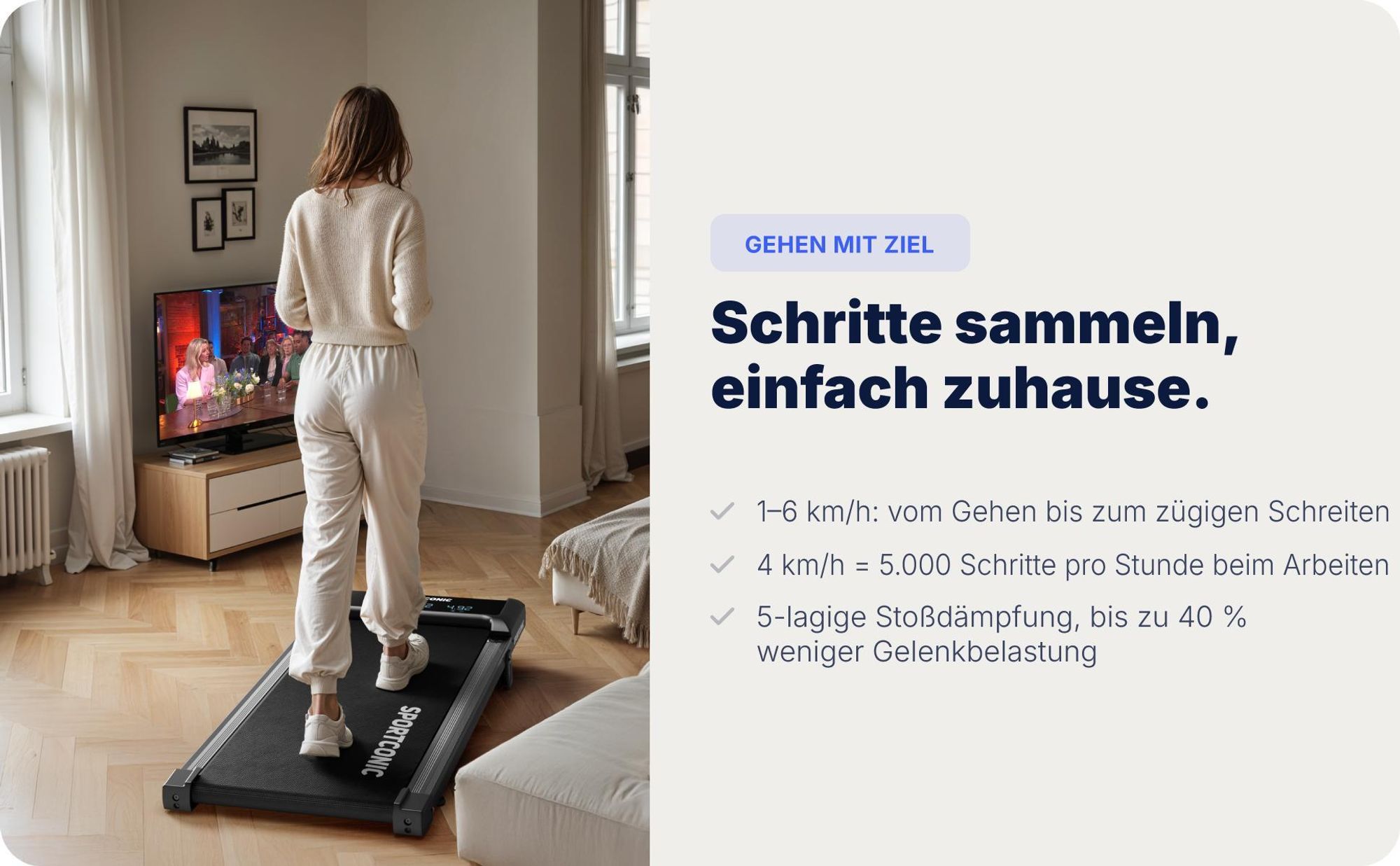 Sportconic Walking Pad Laufband für Zuhause & Büro – leise, mit 6 % Steigung, platzsparend, LED-Display