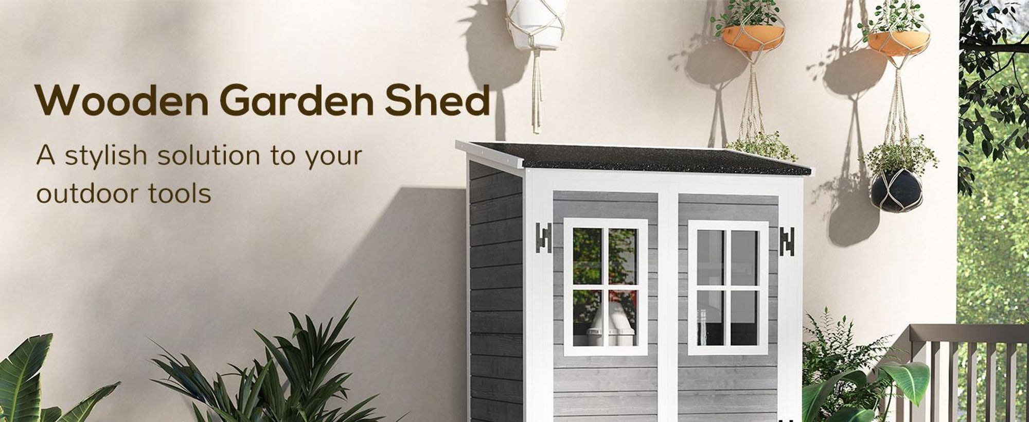 Drewniana szafka ogrodowa Outsunny, domek narzędziowy z zamykanymi drzwiami, 2 okna, płyta fundamentowa, dach dwuspadowy z asfaltu, schowek, 91x69x192 cm, odporna na warunki atmosferyczne szafka narzędziowa, domek narzędziowy do ogrodu, taras, jasnoszary