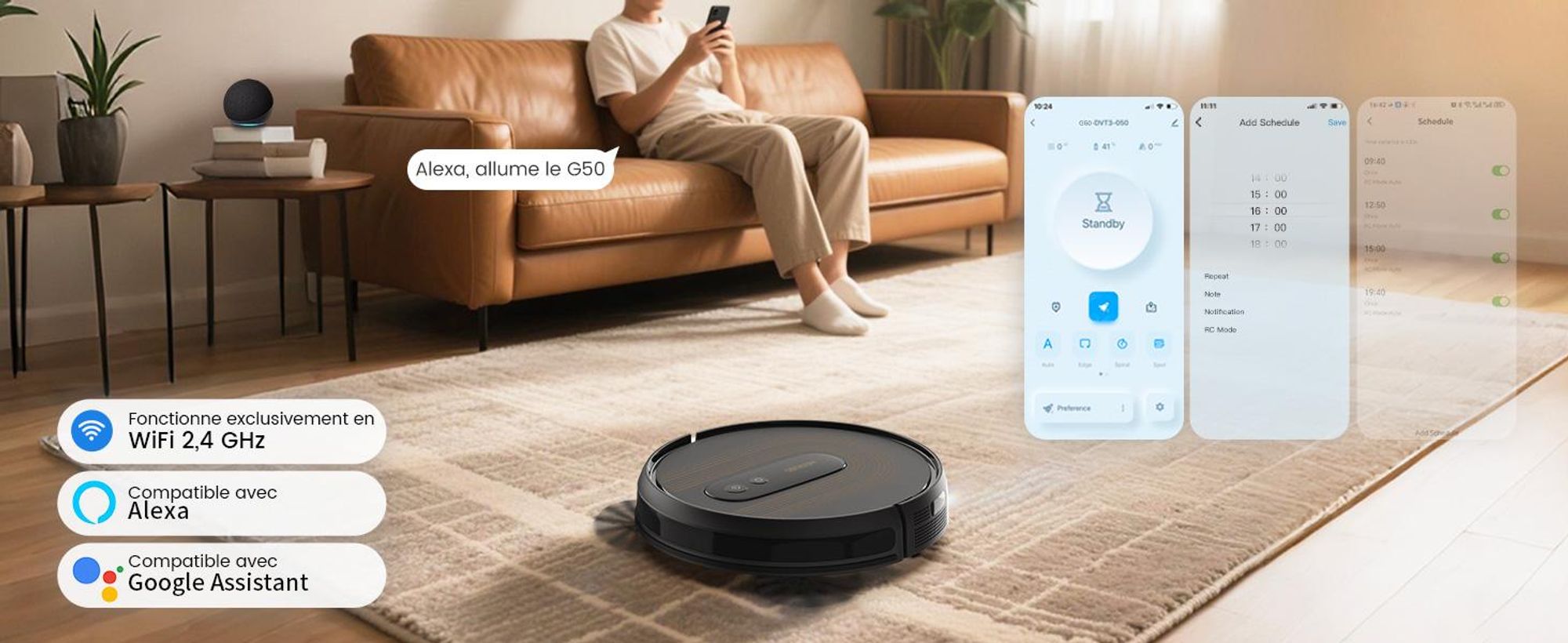 Robot aspirateur AIRROBO G50, puissance d'aspiration de 4 000 Pa,via application, autonomie de 120 minutes, grand bac à poussière de 600 ml, robot aspirateur optimisé pour les tapis et les poils d'animaux