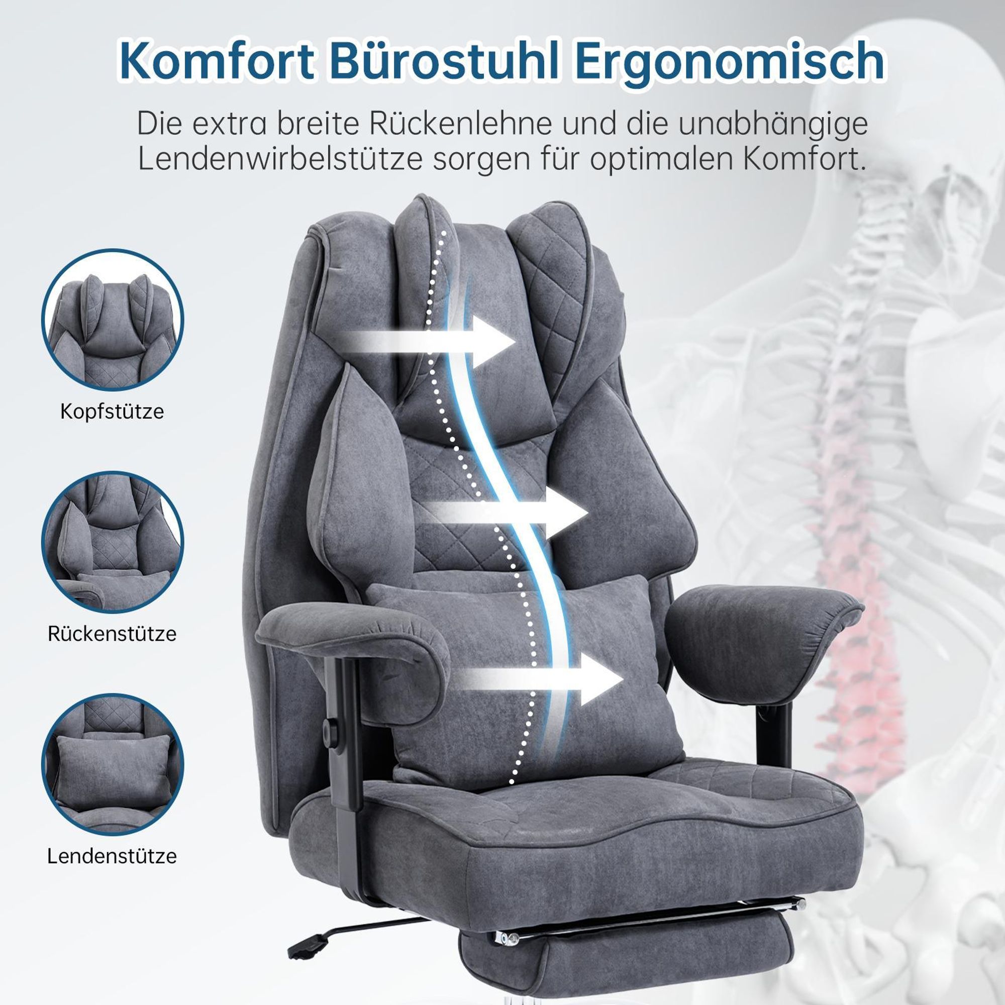 Ergonomischer Samtstuhl mit Kopf-, Rücken- und Lendenstütze