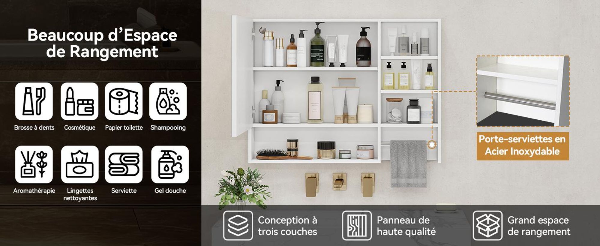 Puluomis armoire de toilette salle de bain 80cm avec 3 couleurs d'éclairage variable, horloge digitale, porte-serviettes, anti-buée armoire de salle de bain murale blanche