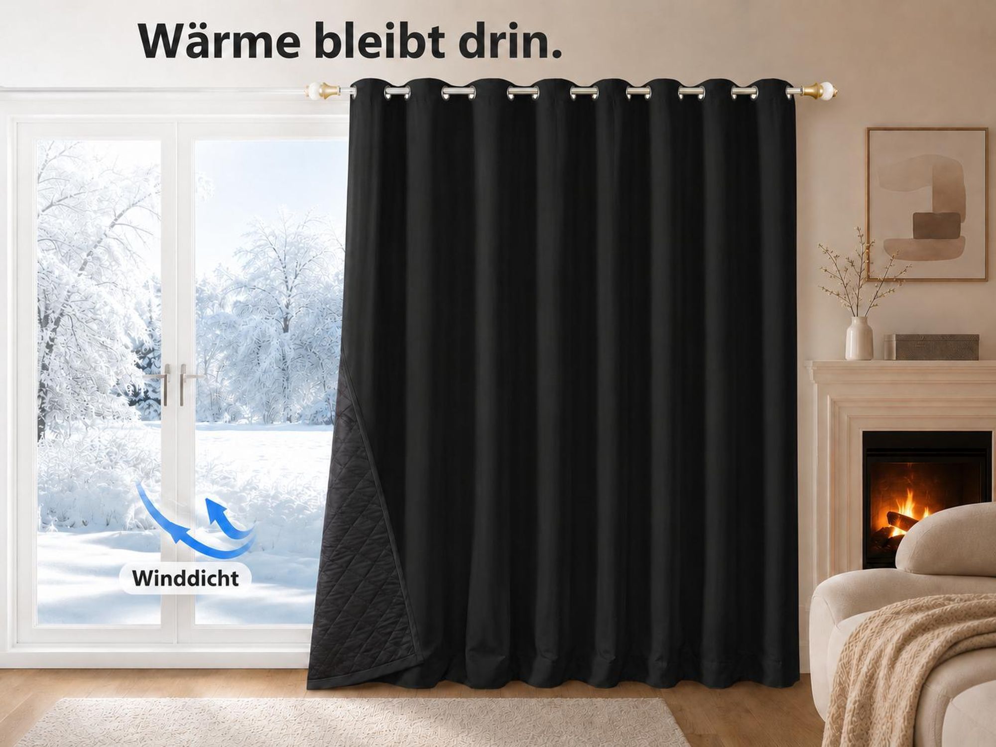 1x 100% Verdunkelung Thermo Vorhänge Schwarz Blickdicht Verdunkelungsvorhang mit Ösen Einfarbige, 132*244cm