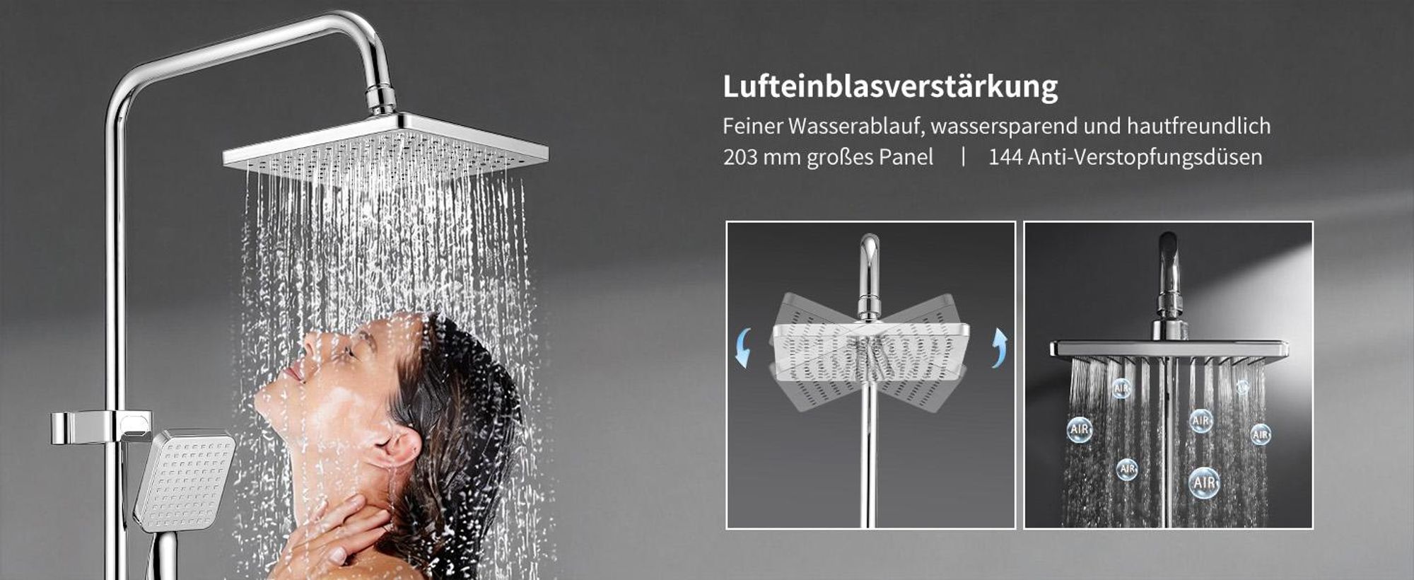 Homelody Duschsystem Messing Chrom, 4 Wasserausgabe Modi, Duscharmatur Komplettset, Duschset Digitale Temperaturanzeige mit Atmosphärenlicht