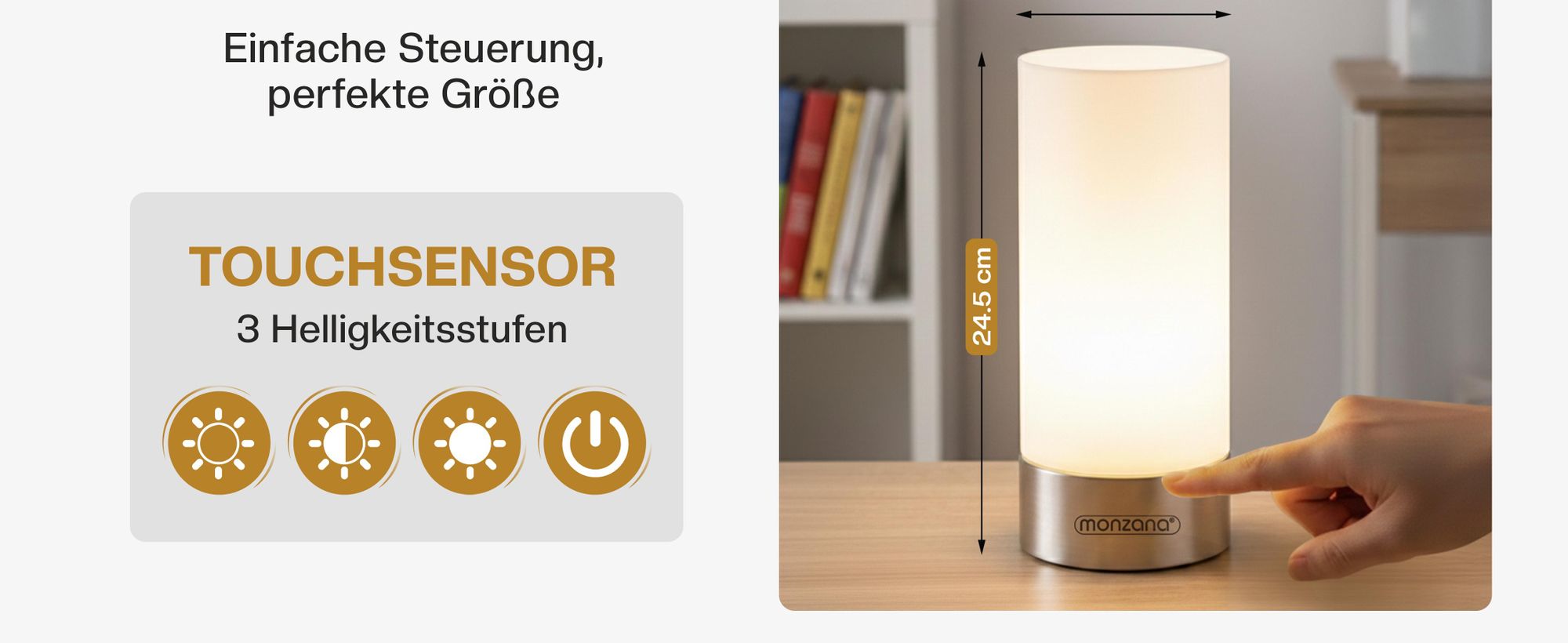 MONZANA® Nachttischlampe 2er Set Touch Dimmbar mit LED Leuchtmittel Glasschirm Tischlampe Tischleuchte Wohnzimmer Schlafzimmer Nachtlicht Leselampe