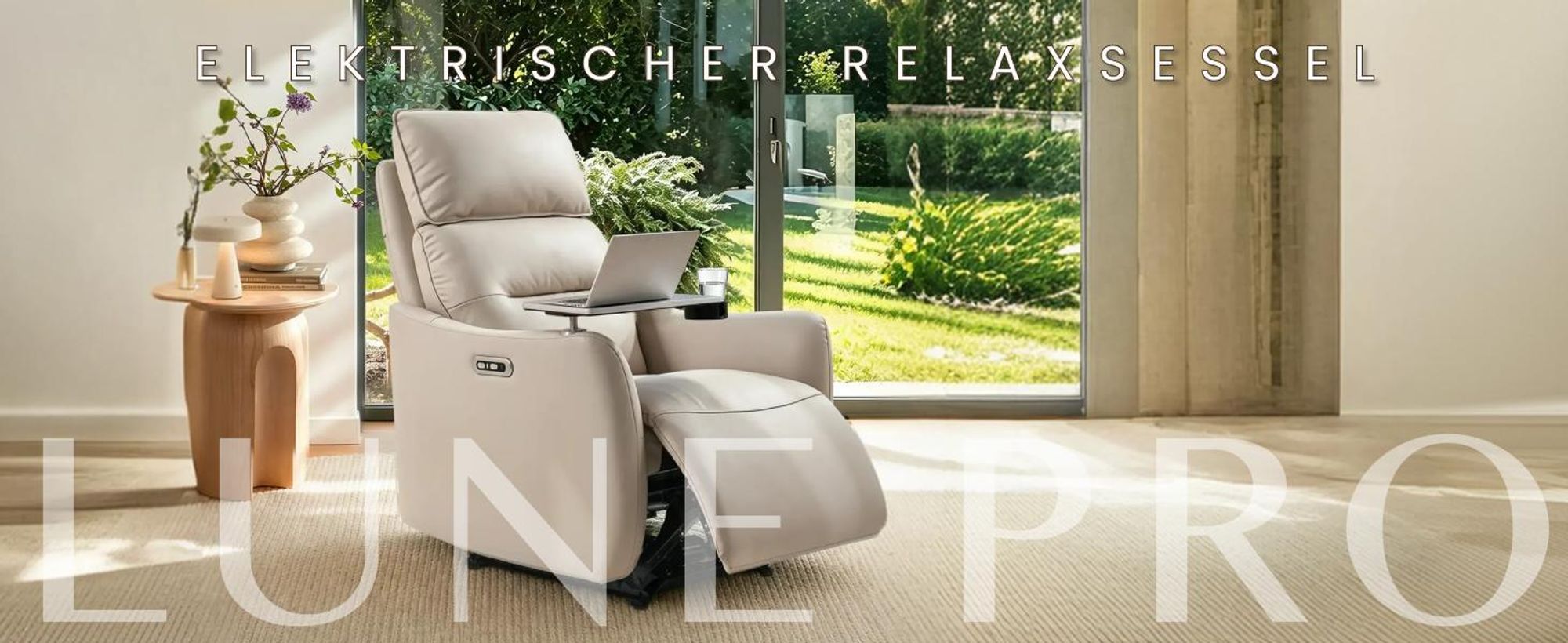 FLEXISPOT Lune Pro Elektrischer Relaxsessel, Doppelmotor, Echtleder, 180° Liegefunktion, 3-fach Kopfstütze, USB-Anschluss & 360° Schwenktisch, Beige