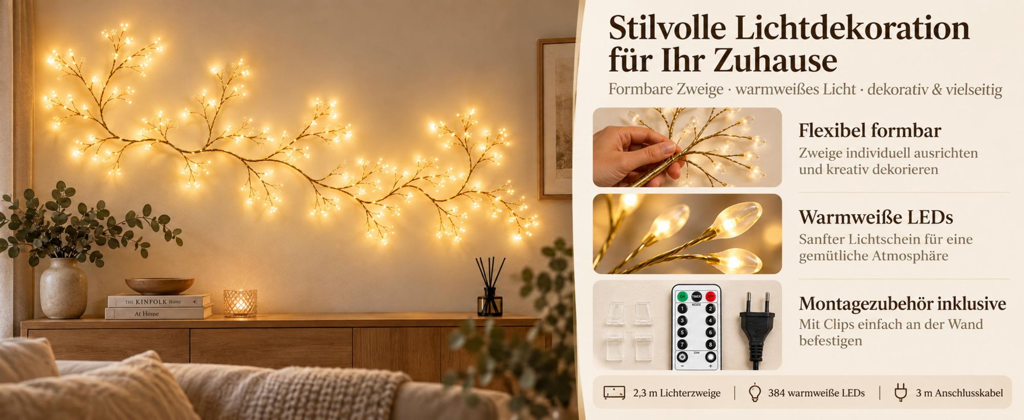 Goldfarbene LED Lichterzweige, 2,3 m mit formbaren Ästen sowie 8 Lichtmodi und 6-Stunden-Timer für wechselnde Raumdekorationen