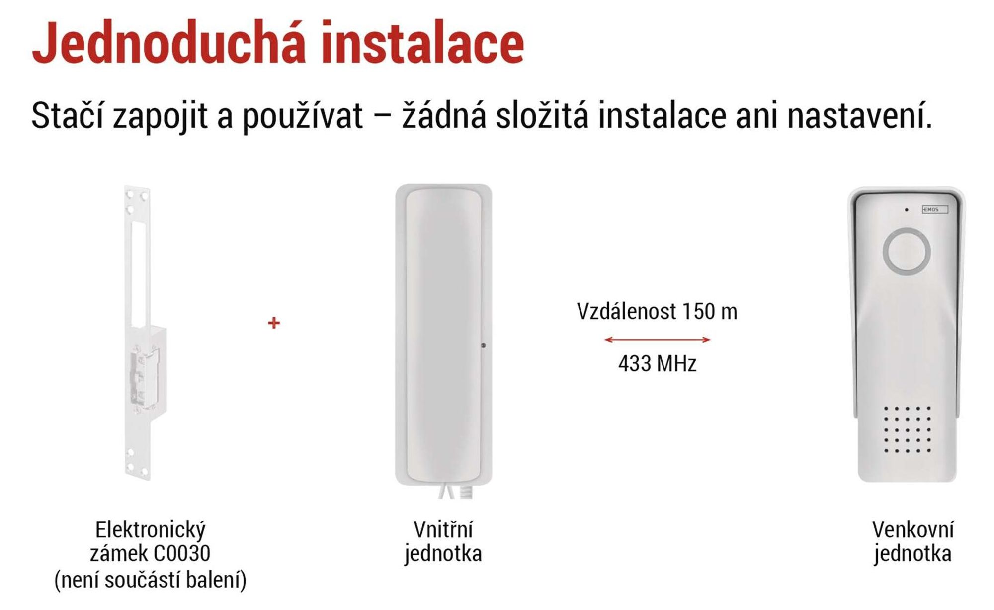 EMOS audio dveřní interkomová sada, bezdrátová, audiovrátný s možností otevírání dveří, přípojka napájení (230V/12V), bílá, H1088