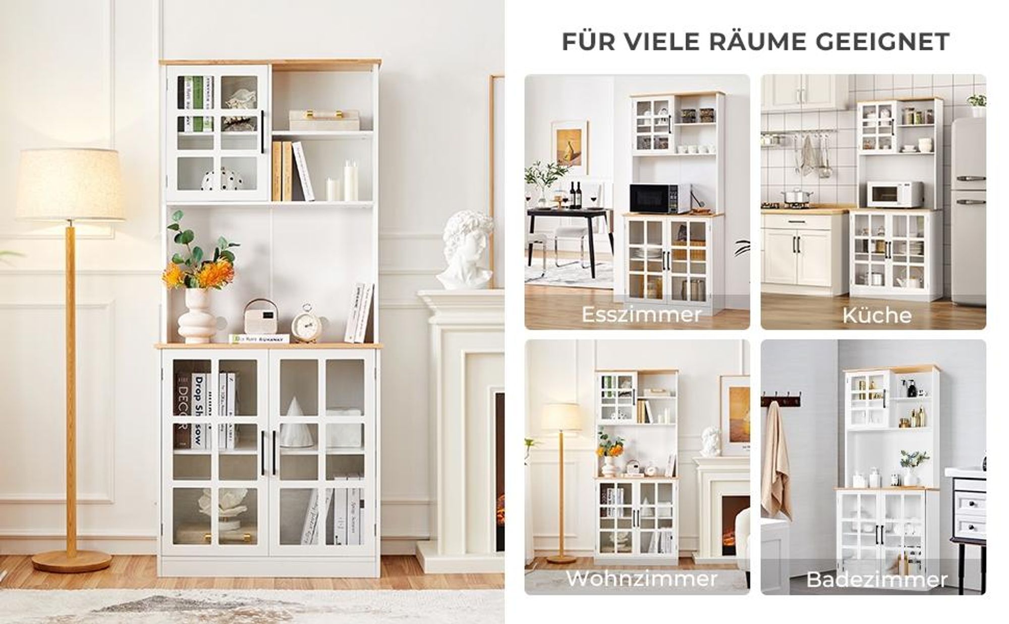 Yaheetech Küchenschrank, Vorratsschrank, Küchenbuffet, Mehrzweckschrank, mit verstellbaren Einlegeböden, für Mikrowelle geeignet, 2 Kabellöcher, Weiß