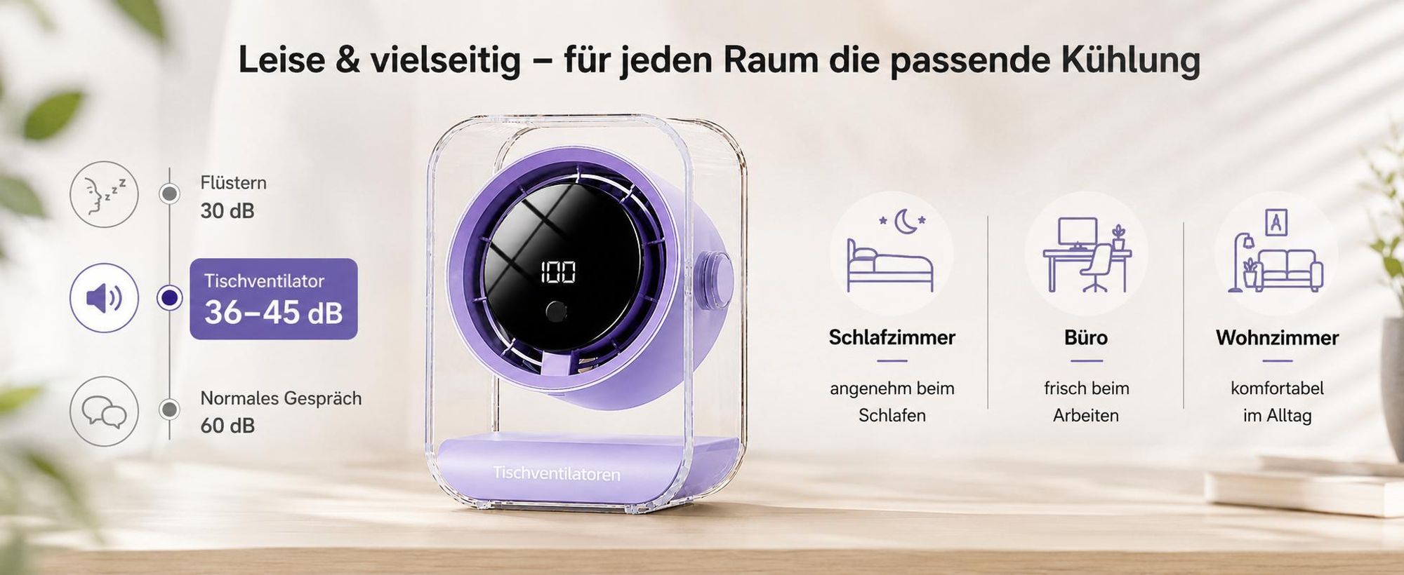 Tischventilator, USB Ventilator, 720° einstellbar, 3 Timer-Stufen (3/6/9h), 100 Geschwindigkeiten, Ventilatoren leise, LED display, Überall einsetzbar