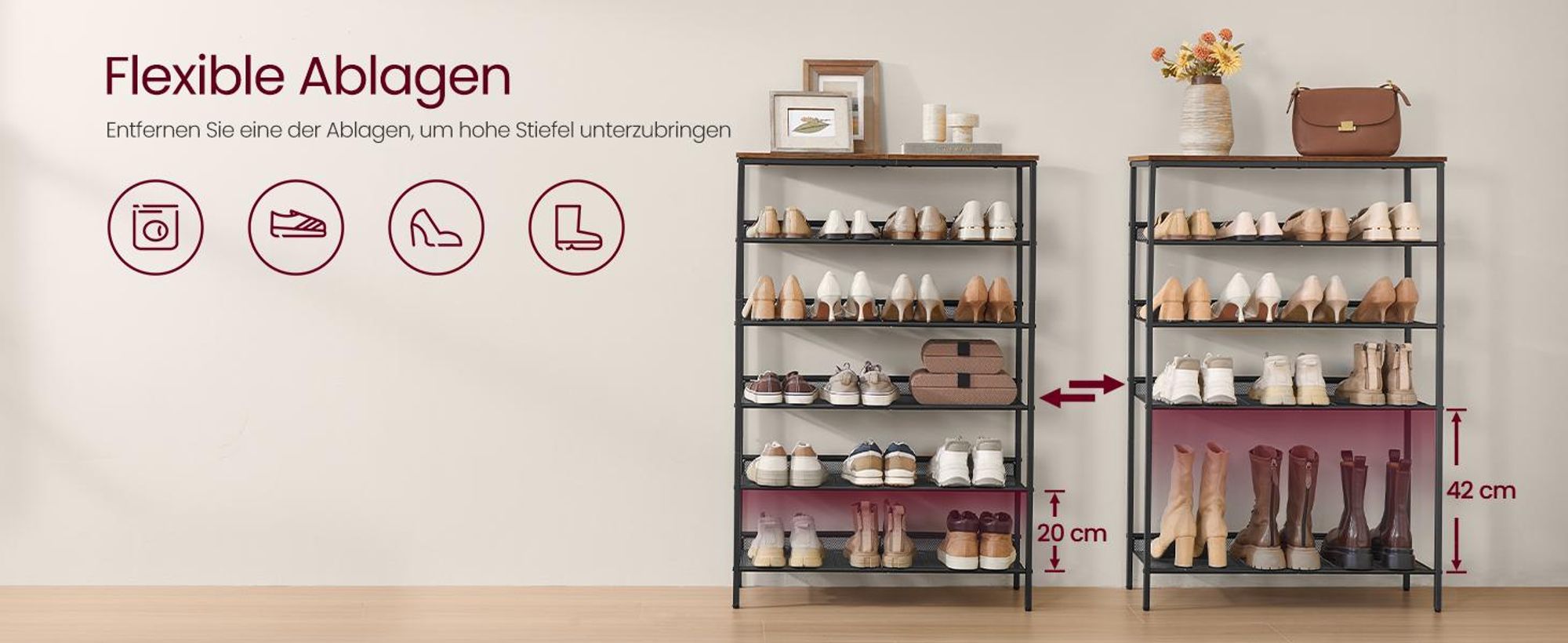 Schuhregal, Schuhablage, 6 Ebenen, große Oberfläche, verstellbare Gitterablagen, platzsparend für Eingangsbereich Flur, Metall