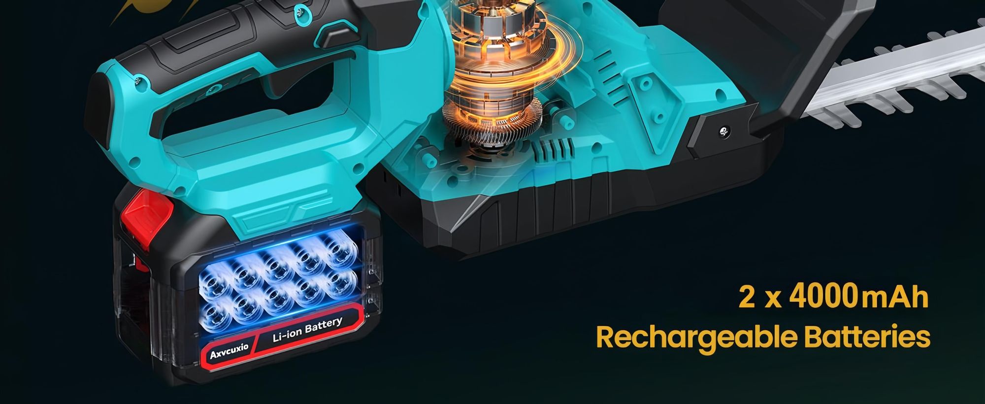 Akku Heckenschere, 21" Klingen Heckenschere mit 2× 4000mAh Akkus, 3000RPM, bürstenloser motor,180° drehbarer Kopf,Doppelter Sicherheitsschalter,Blau