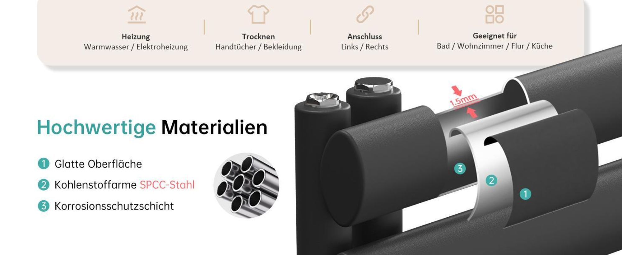 EMKE Badheizkörper Oval Röhren Badheizkörper Handtuchwärmer Rohrheizkörper Vertikal Seitenanschluss für Wasser Anthrazit 174×60cm ohne Heizstab