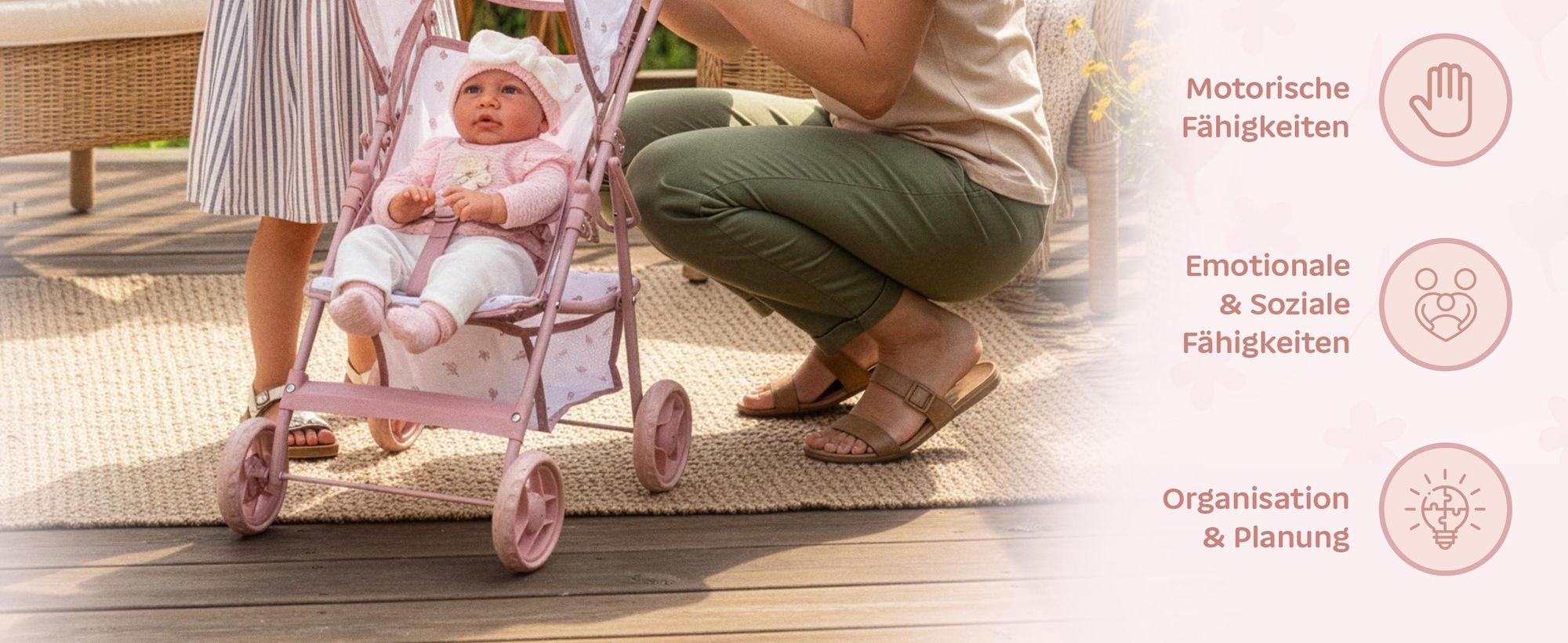 Puppenbuggy klappbar – leichter Puppenwagen mit EVA-Rädern und Zubehörkorb – Rollenspiel für Kinder ab 3 Jahren