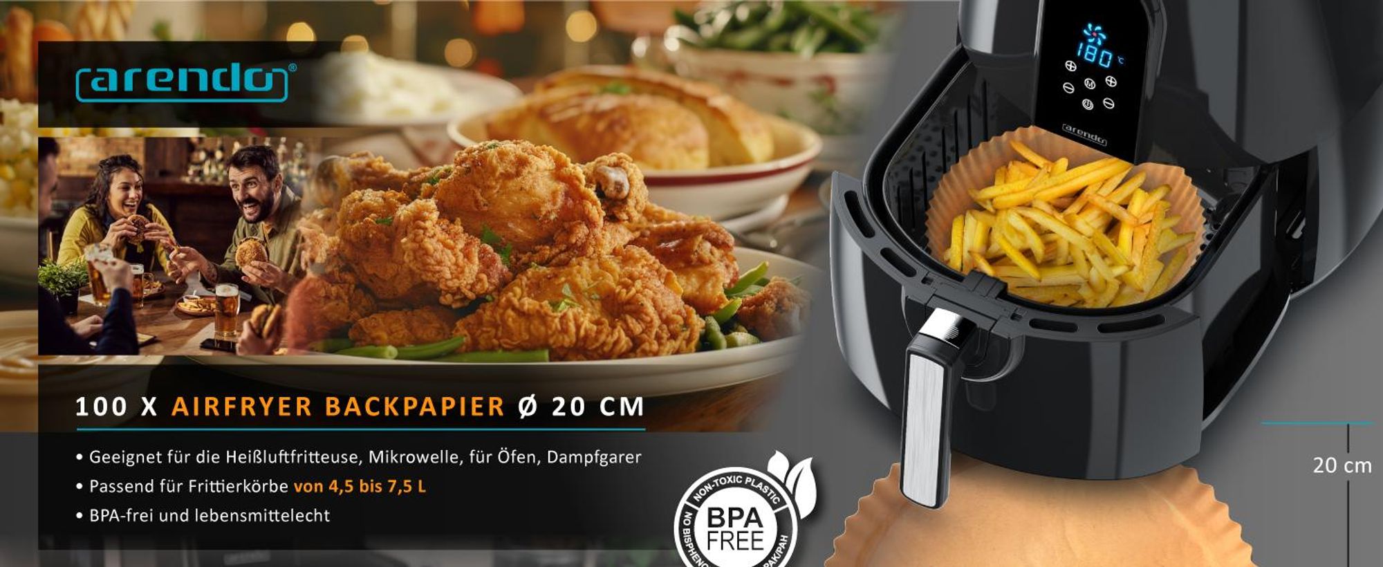 Arendo Backpapier für Heißluftfritteuse, rund, 4,7 - 7,5 L,  Ø 20 x 4,5 cm, antihaft, ungebleicht, für Ninja Airfryer AF300EU & AF400EU, 100 Stück