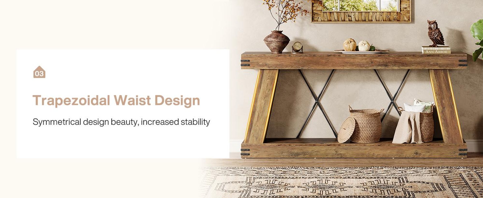 Tribesigns Konsolentisch, 180 cm Konsolentisch im Landhausstil, mit Stauraum, schmale Holzkonsole, für Flur, Eingangsbereich und Wohnzimmer, Braun