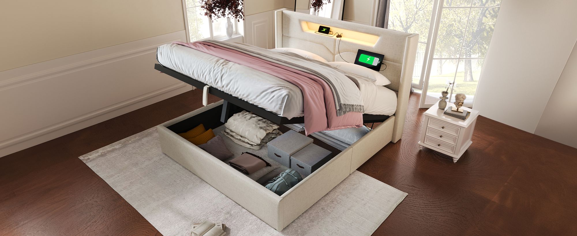 MODFU Boxspringbett Hydraulisches 140 x 200 cm mit LED-Beleuchtung, Polsterbett Funktionelles mit USB-Ladeanschluss, Doppelbett Stauraumbett mit Bettkasten Stauraum, Leinenmaterial Beige(Ohne Matratze)