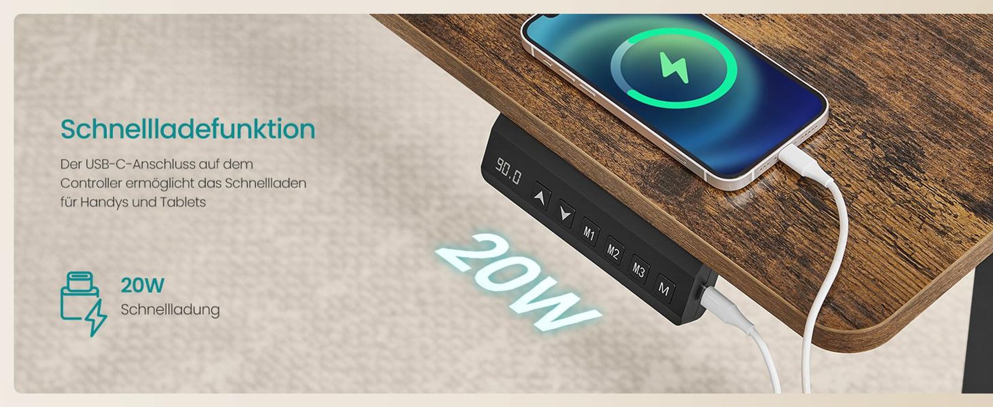 SONGMICS Höhenverstellbarer Schreibtisch elektrisch, 100 cm, Memory-Funktion mit 4 Höhen, USB-C-Anschluss