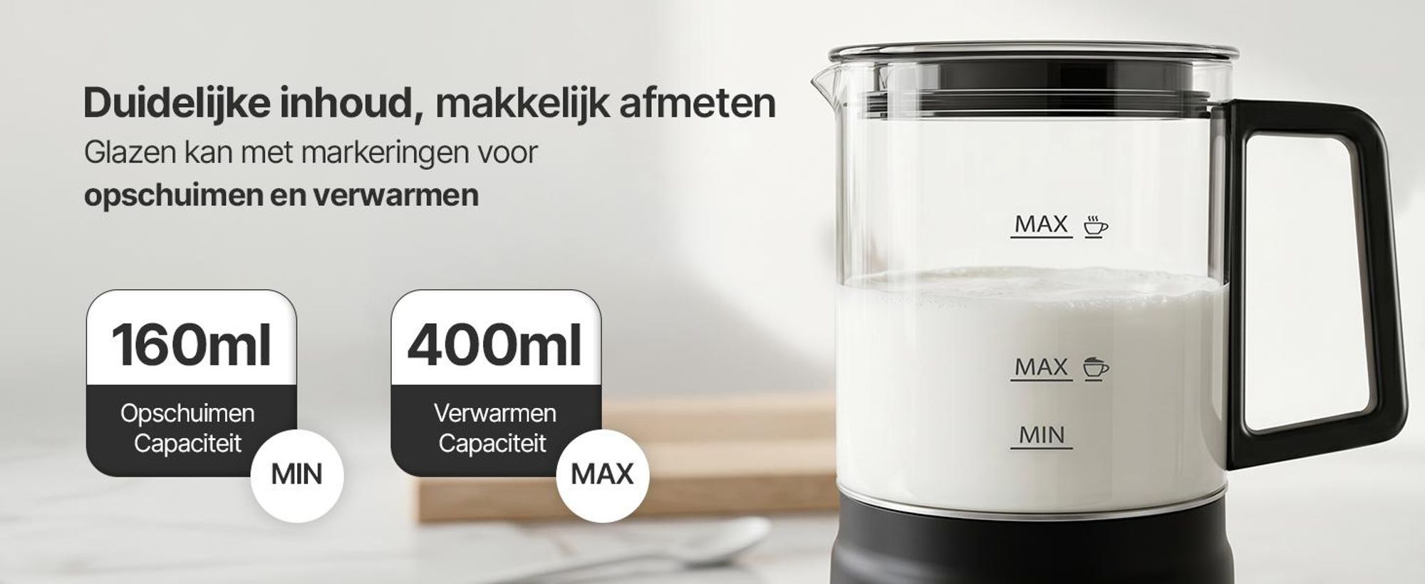 Olvy Elektrische melkschuimer van glas, 4-in-1, 500W, met temperatuurindicator, 160 ml melkschuim, 400 ml verwarmde melk, voor warme en koude melkschuim, zwart
