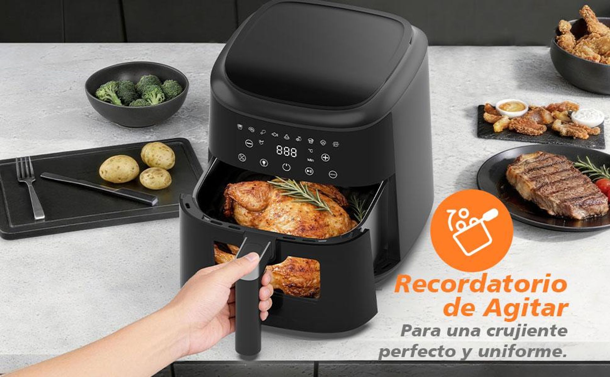 Freidora de aire 6L con ventana de visualización, freidora sin aceite, 9 programas con pantalla táctil, circulación de aire caliente 360°