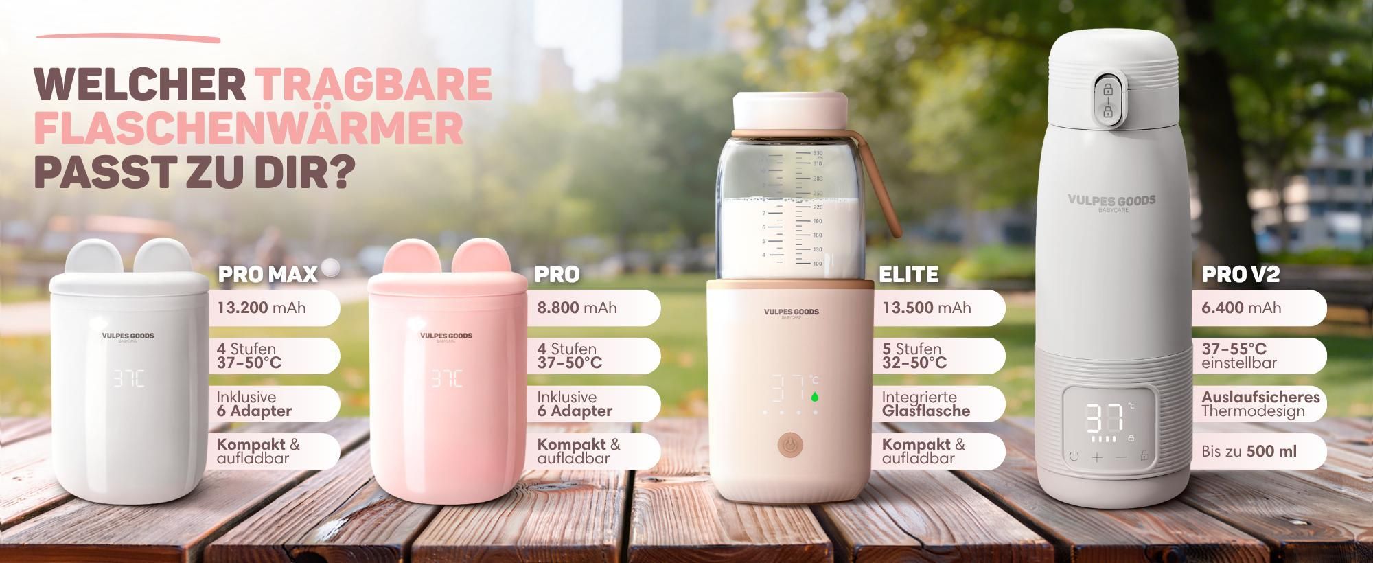 Tragbare Babyflaschenwärmer im Vergleich Modelle Pro, Elite und Pro V2