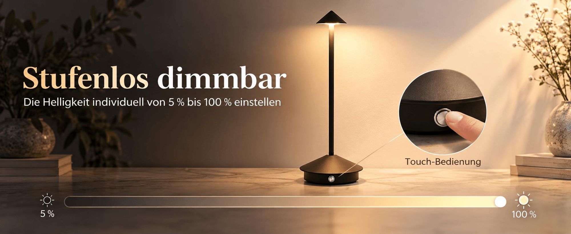 2er LED Nachttischlampe, Kabellose LED Tischleuchte, Dimmbare Tischlampe, Stufenloses Dimmen in drei Farben,Tragbare USB Aufladbar lampen, Braun