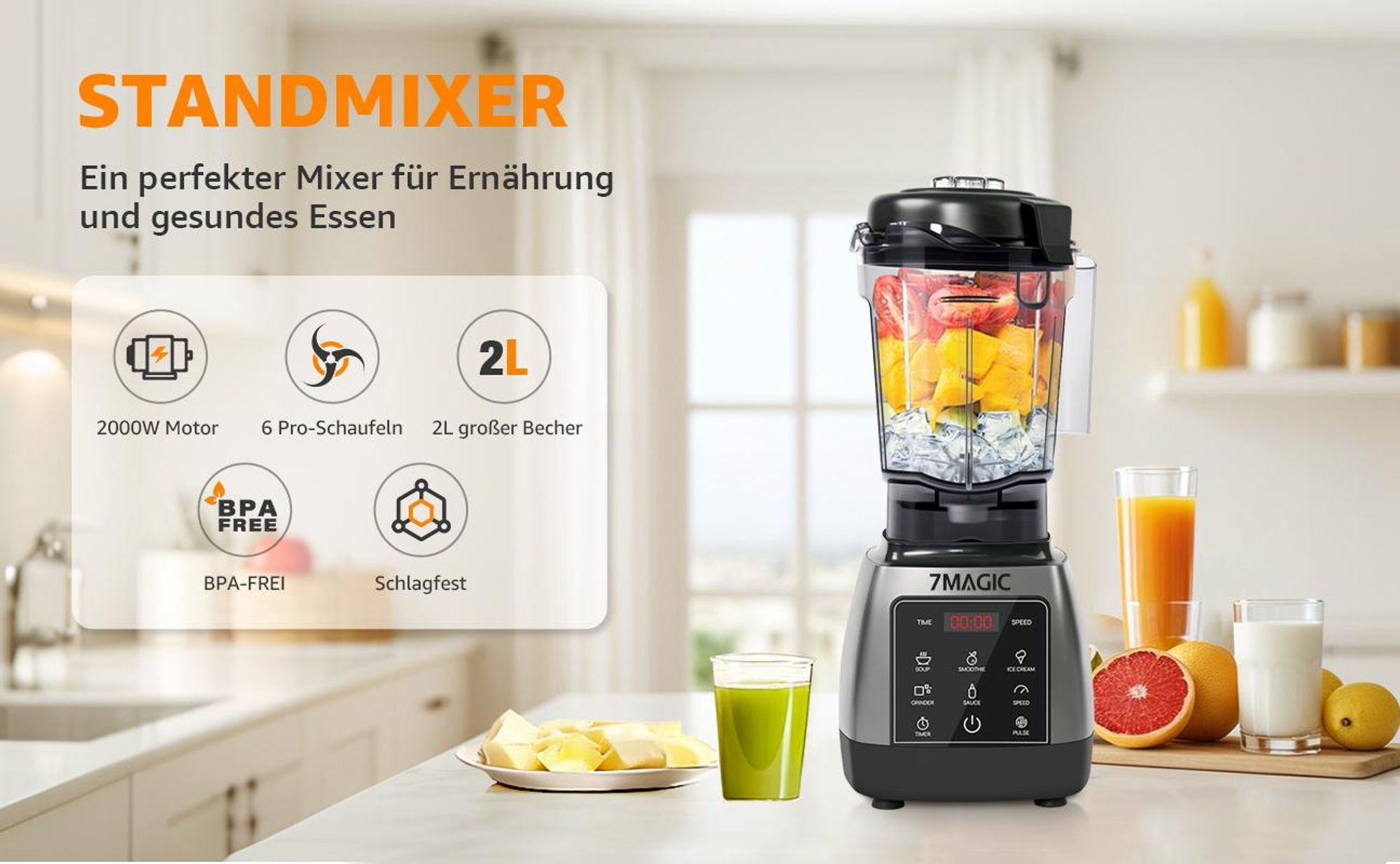 7MAGIC 2000W Standmixer, Mixer 2L BPA Free mit 5 einstellbaren Geschwindigkeiten, 24.000 U/min - Pulsfunktion, Timer, Mixer mit Display, 6 Messer aus Edelstahl, Schwarz