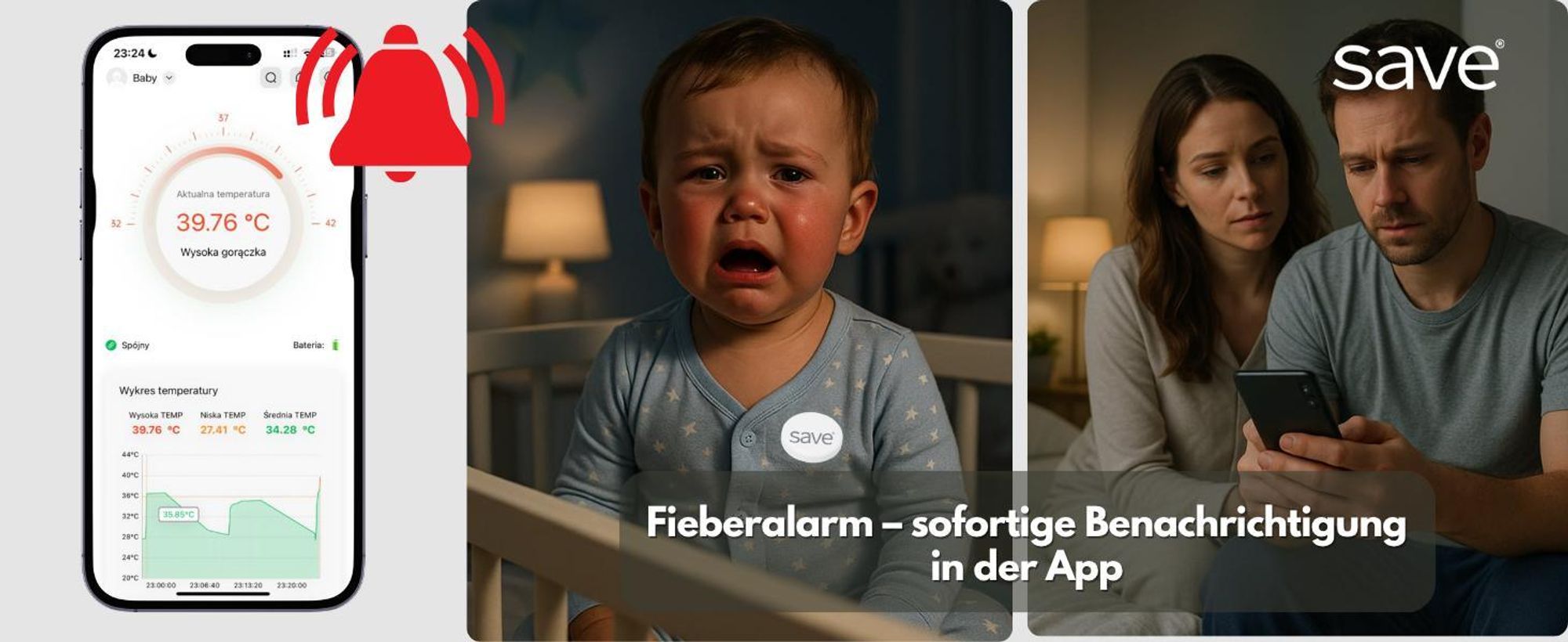Drahtloses Thermometer für Kinder, intelligente medizinische Fieberalarm-App